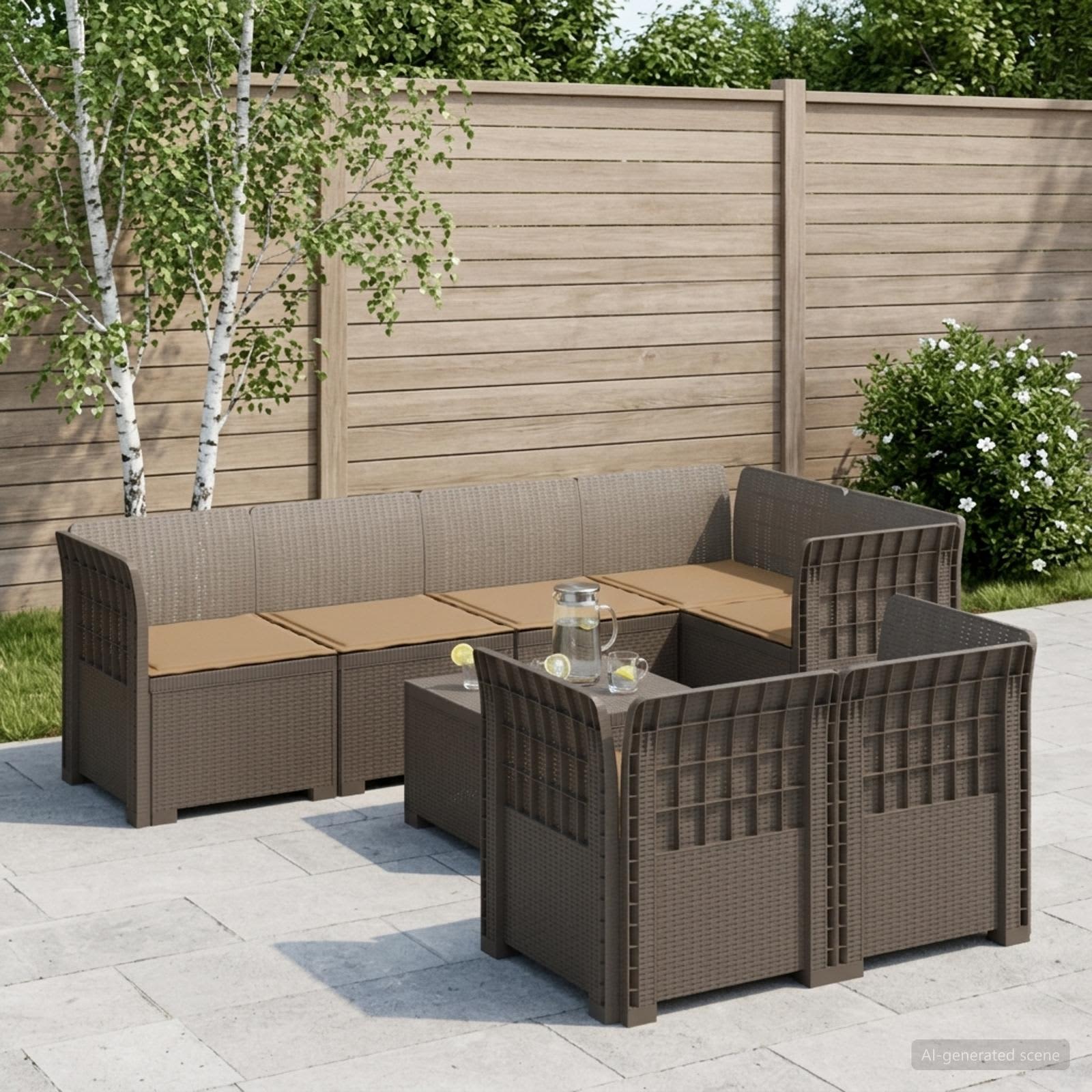 7-Sitzer Gartensofa mit Kissen Rattan-Look PP Hellgrau