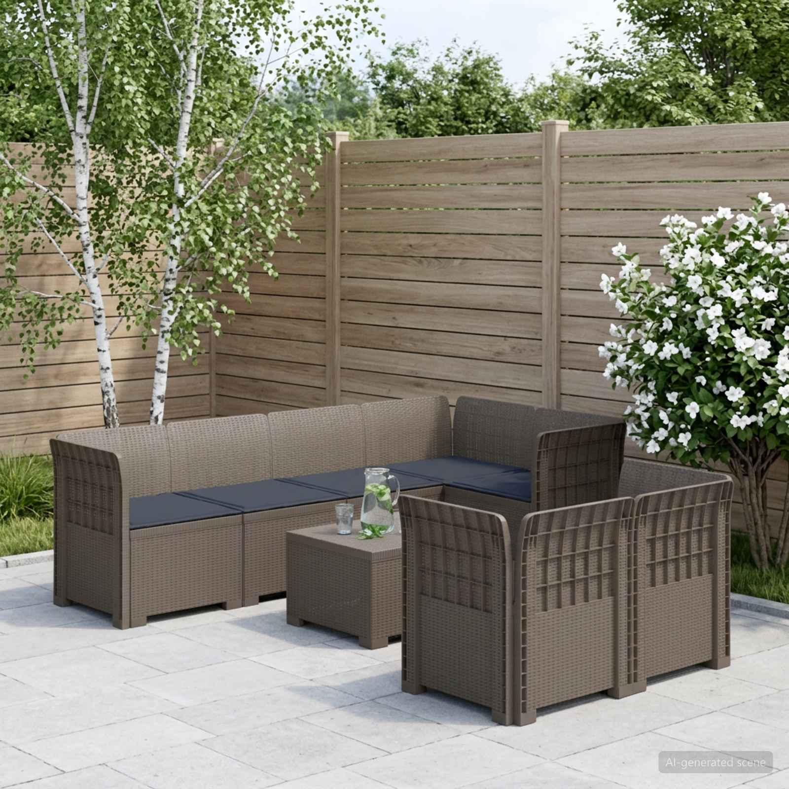 7-Sitzer Gartensofa mit Kissen Rattan-Look PP Hellgrau