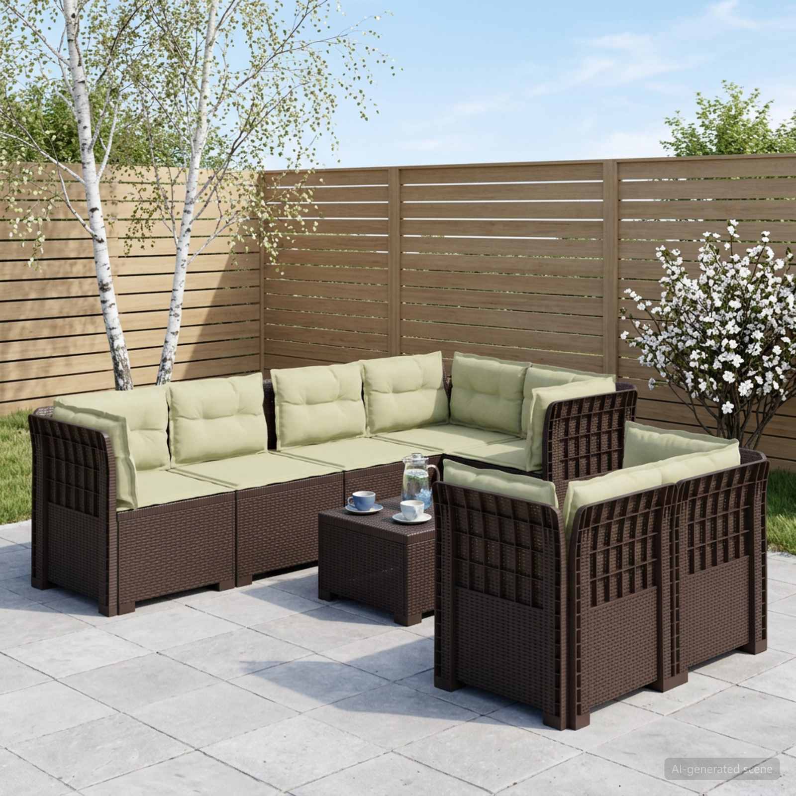 7-Sitzer Gartensofa mit Kissen Rattan-Look PP Braun