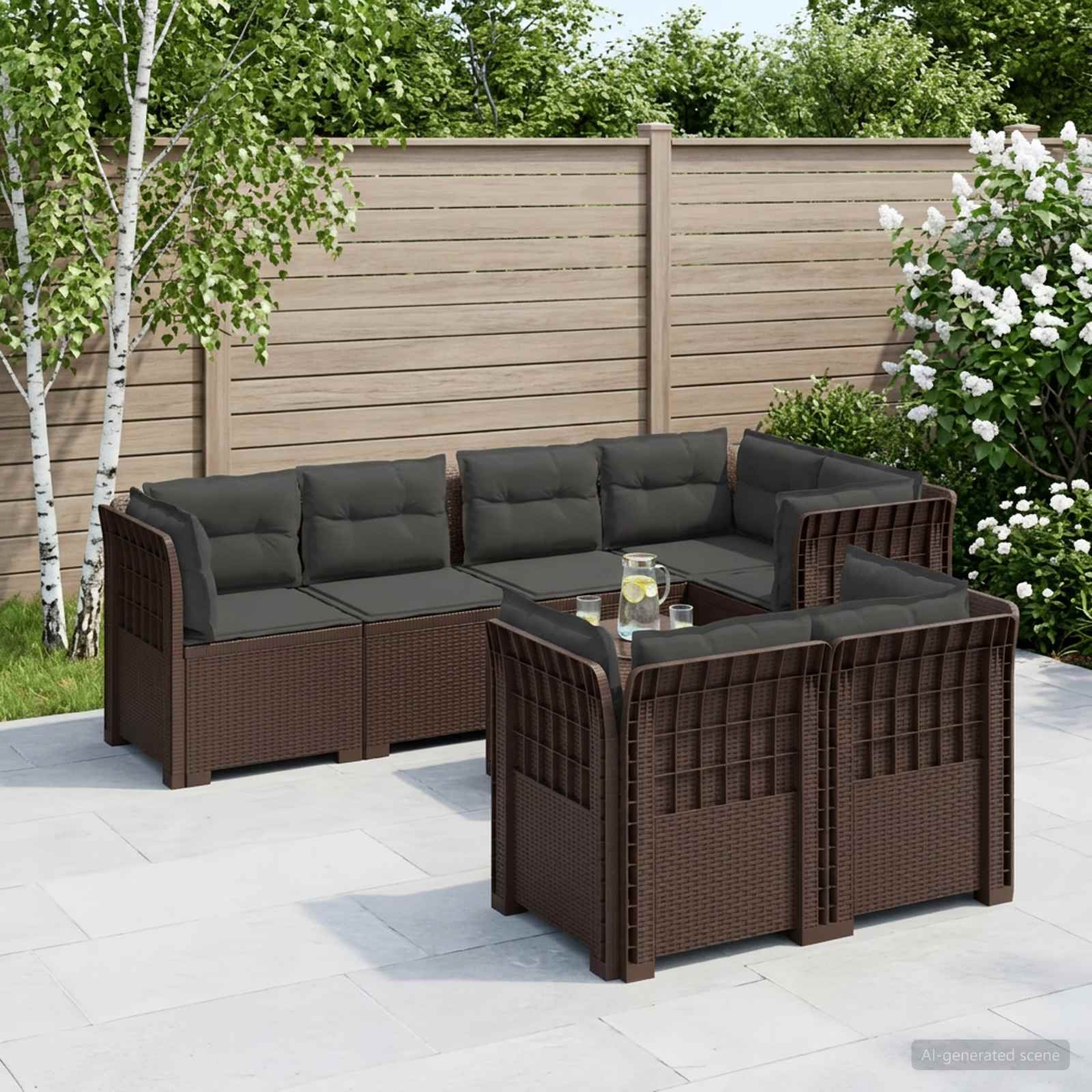 7-Sitzer Gartensofa mit Kissen Rattan-Look PP Braun
