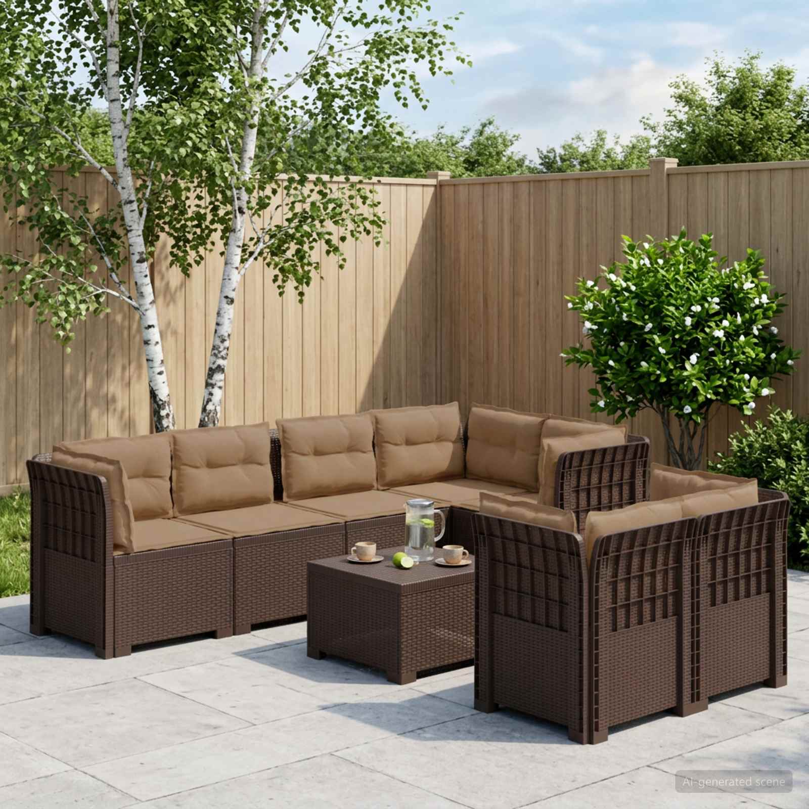 7-Sitzer Gartensofa mit Kissen Rattan-Look PP Braun