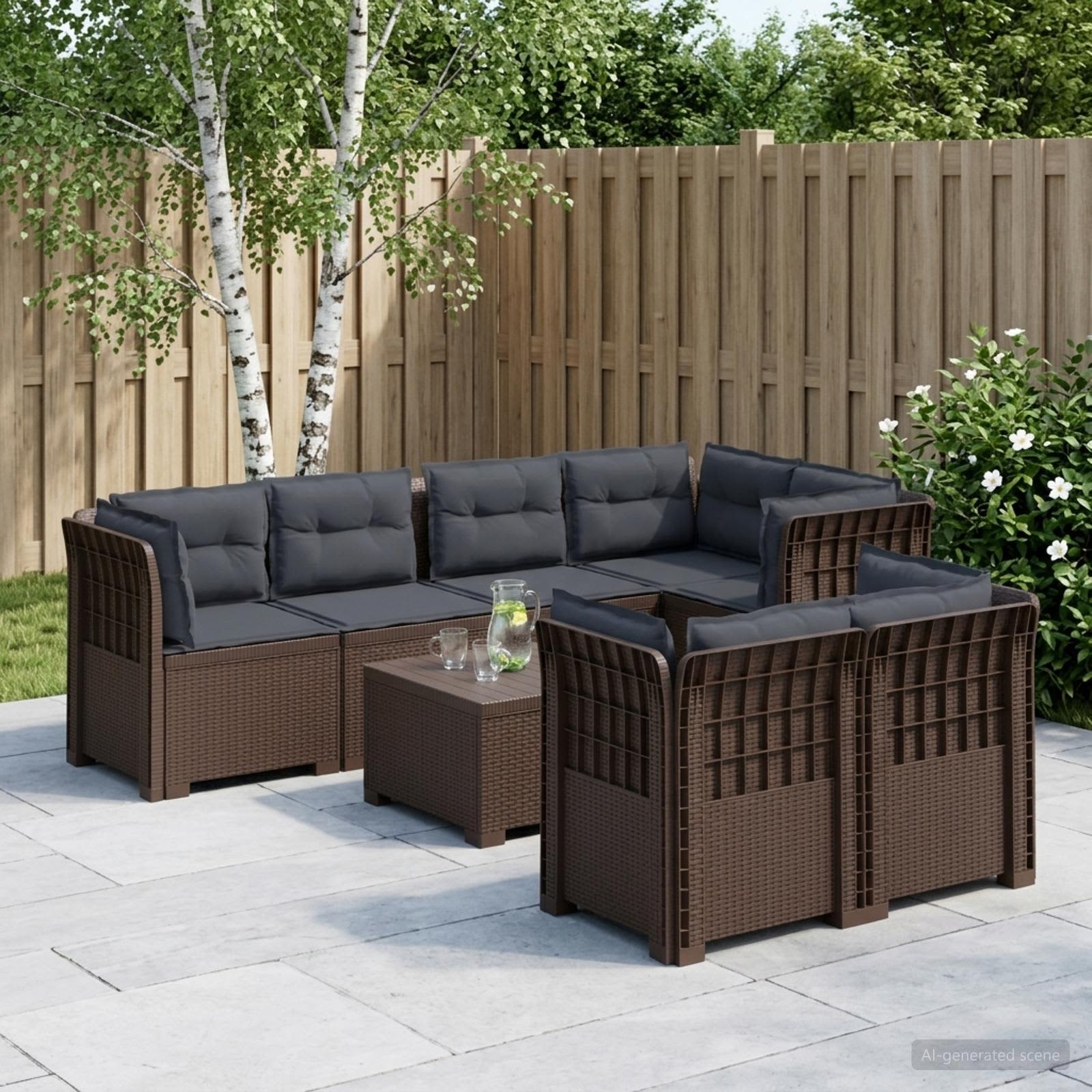 7-Sitzer Gartensofa mit Kissen Rattan-Look PP Braun