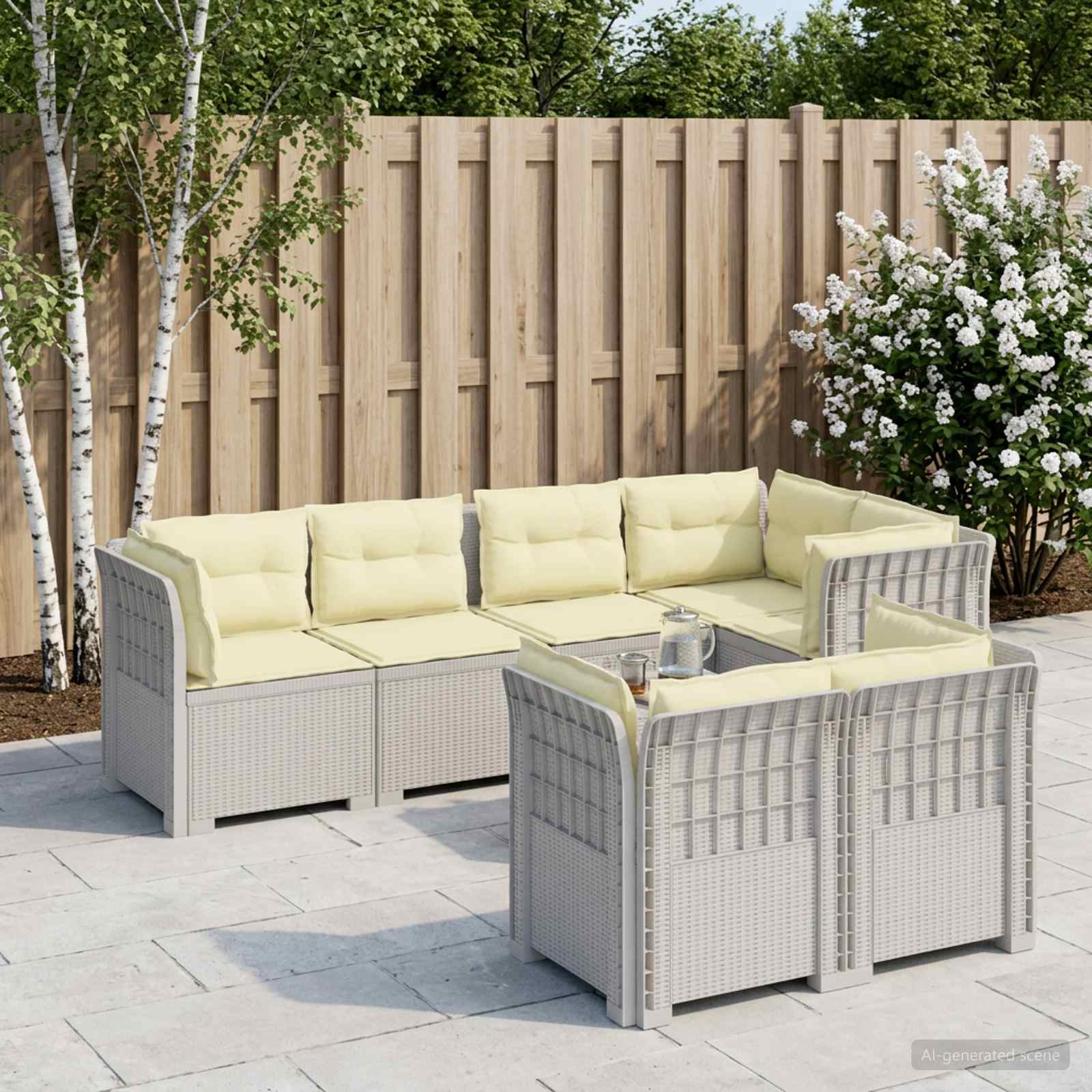 7-Sitzer Gartensofa mit Kissen Rattan-Look PP Weiß
