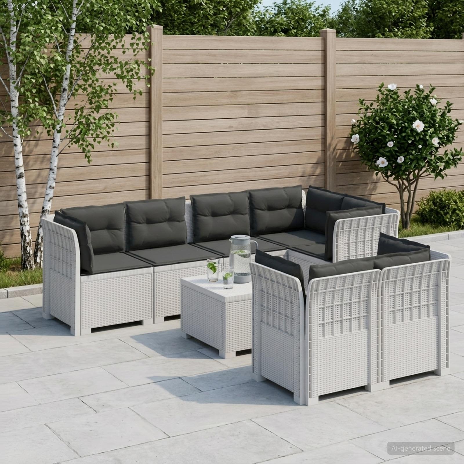 7-Sitzer Gartensofa mit Kissen Rattan-Look PP Weiß