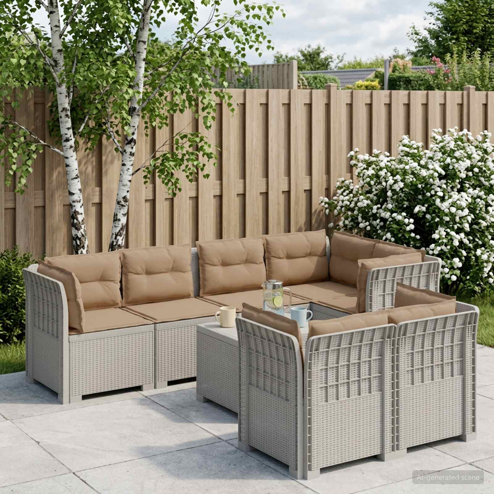 7-Sitzer Gartensofa mit Kissen Rattan-Look PP Weiß