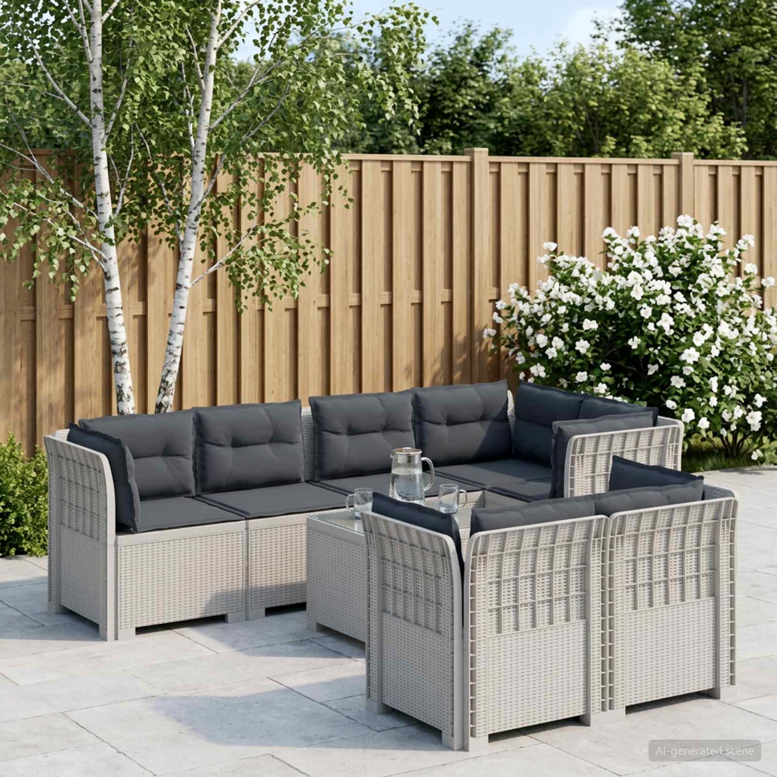 7-Sitzer Gartensofa mit Kissen Rattan-Look PP Weiß