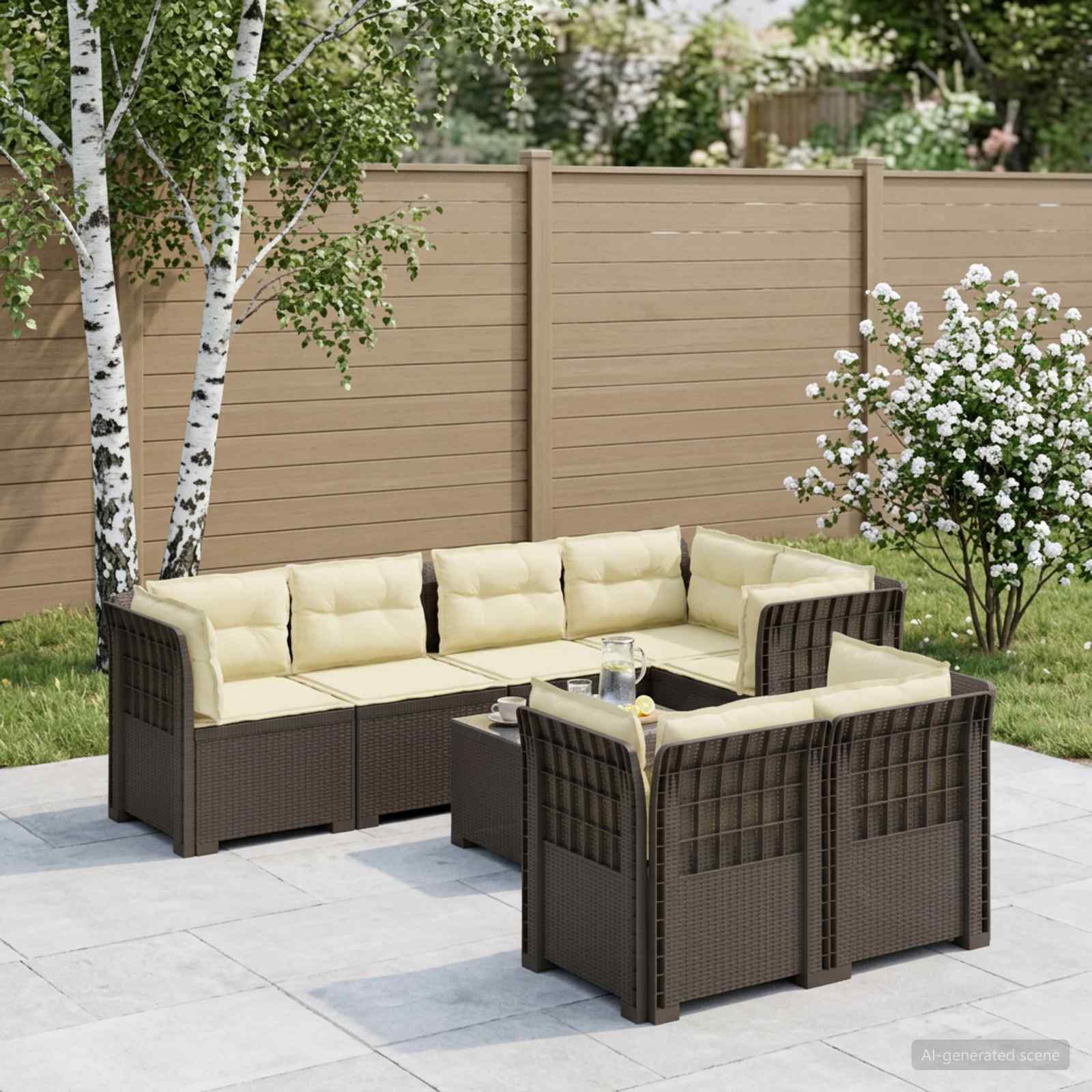 7-Sitzer Gartensofa mit Kissen Rattan-Look PP Hellgrau