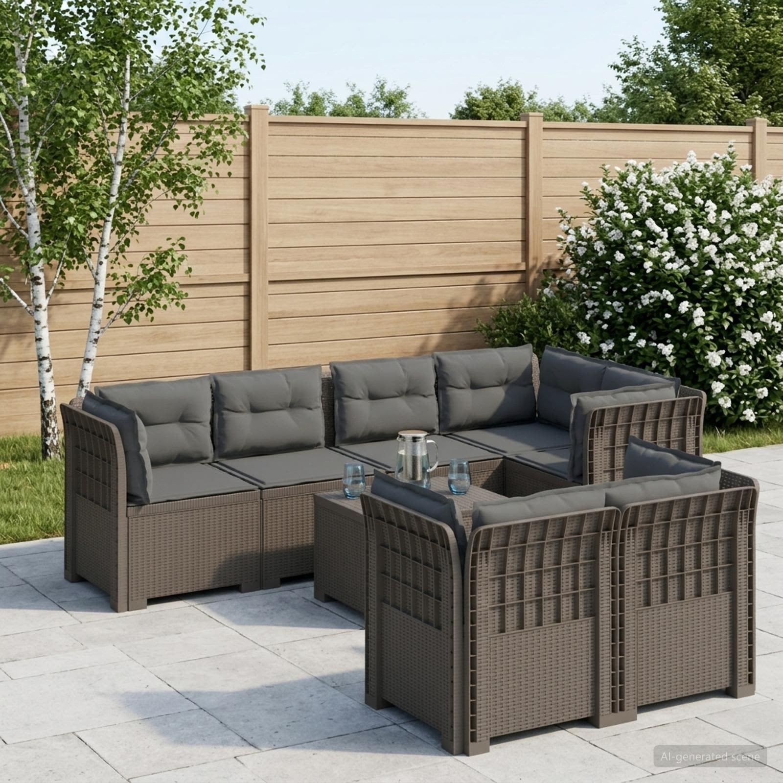 7-Sitzer Gartensofa mit Kissen Rattan-Look PP Hellgrau