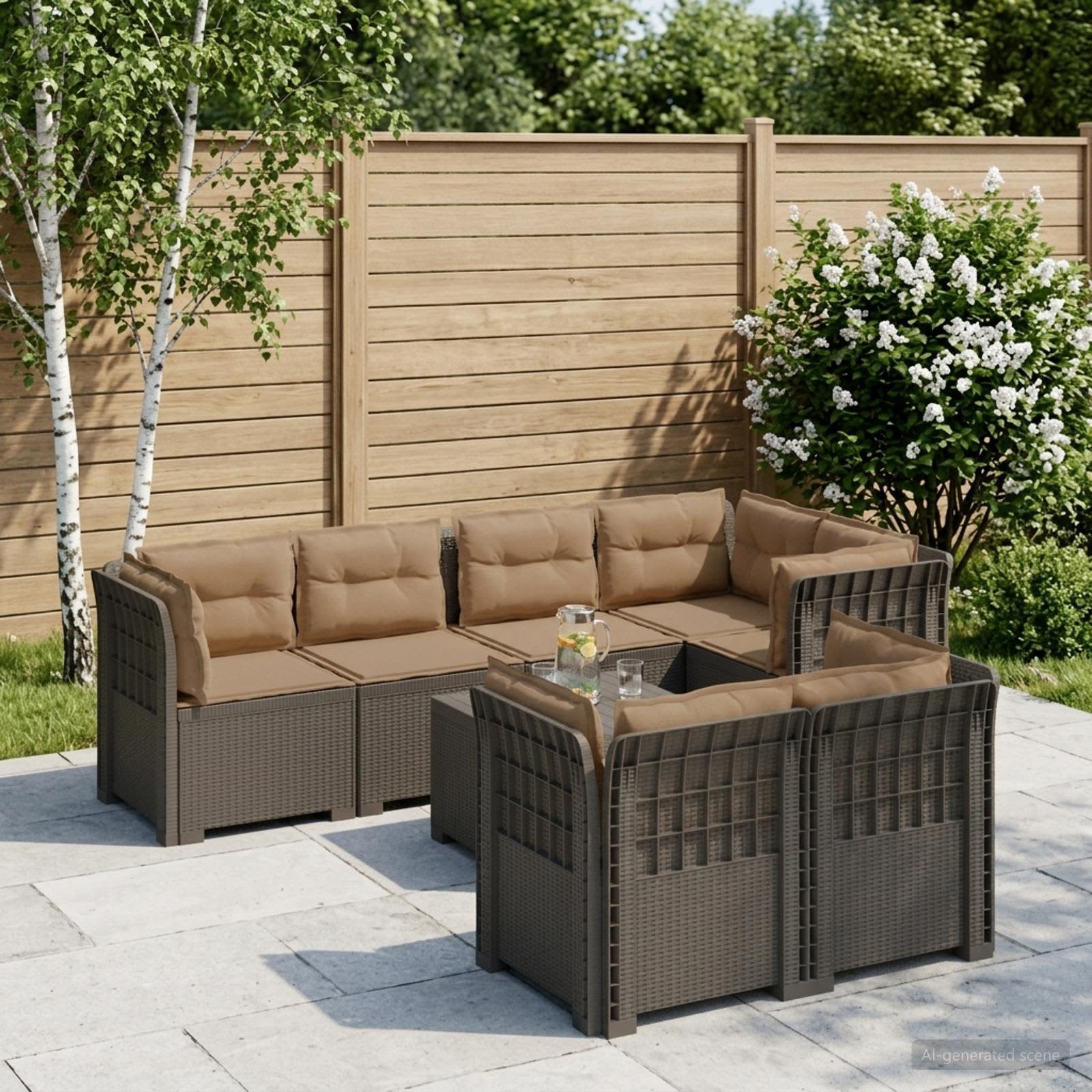 7-Sitzer Gartensofa mit Kissen Rattan-Look PP Hellgrau