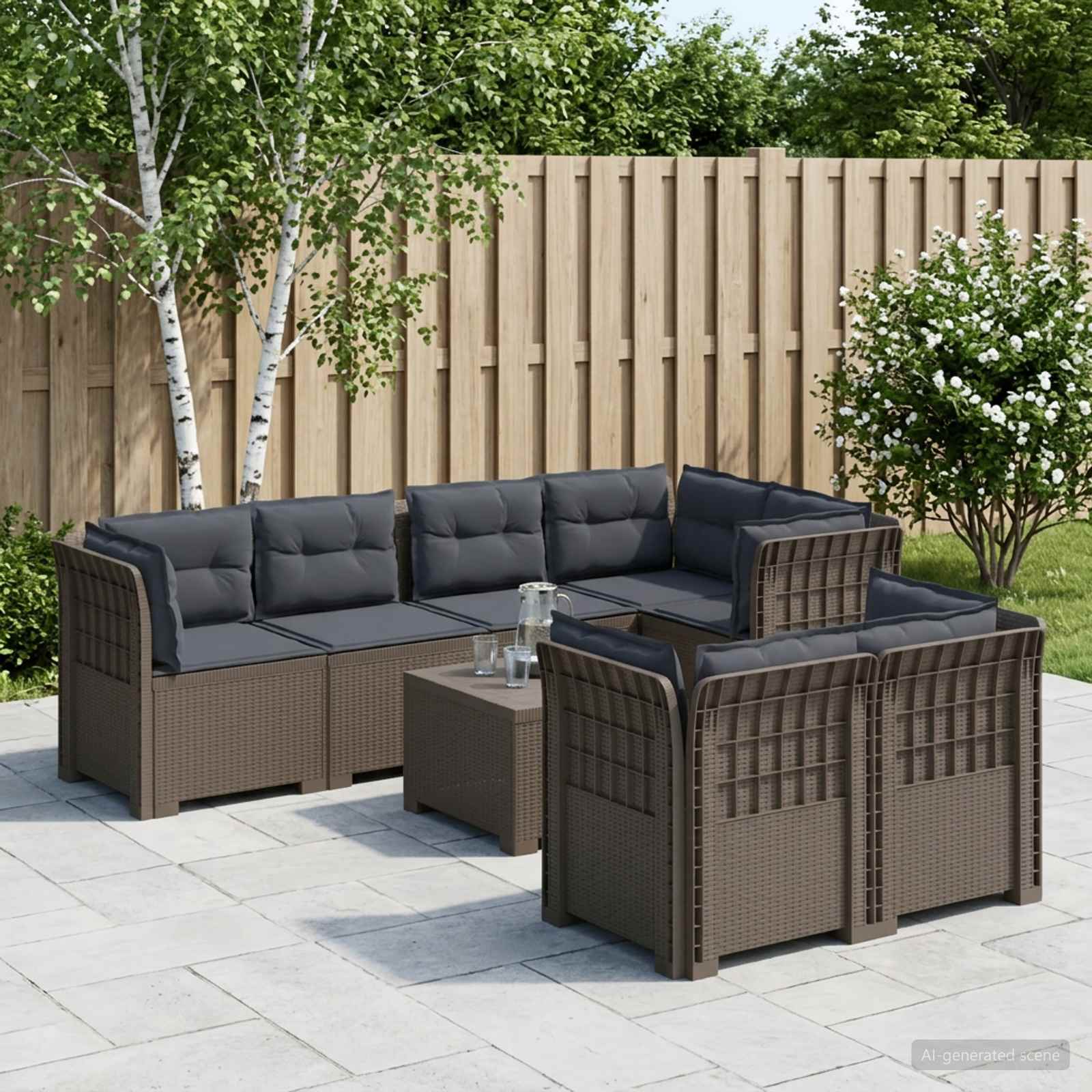7-Sitzer Gartensofa mit Kissen Rattan-Look PP Hellgrau