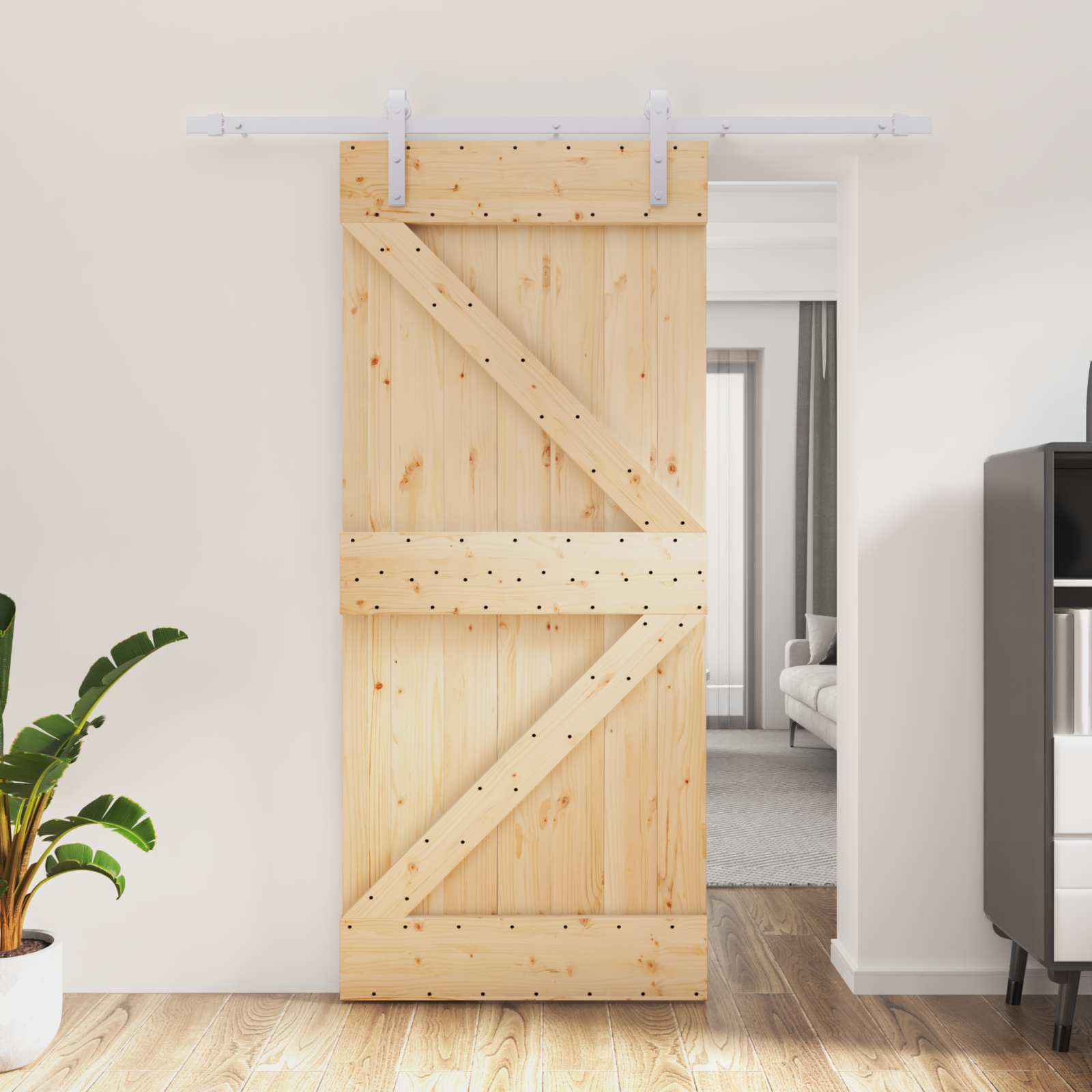 Schiebetür 90 x 210 cm Massives Kiefernholz Natürlich und Weiß