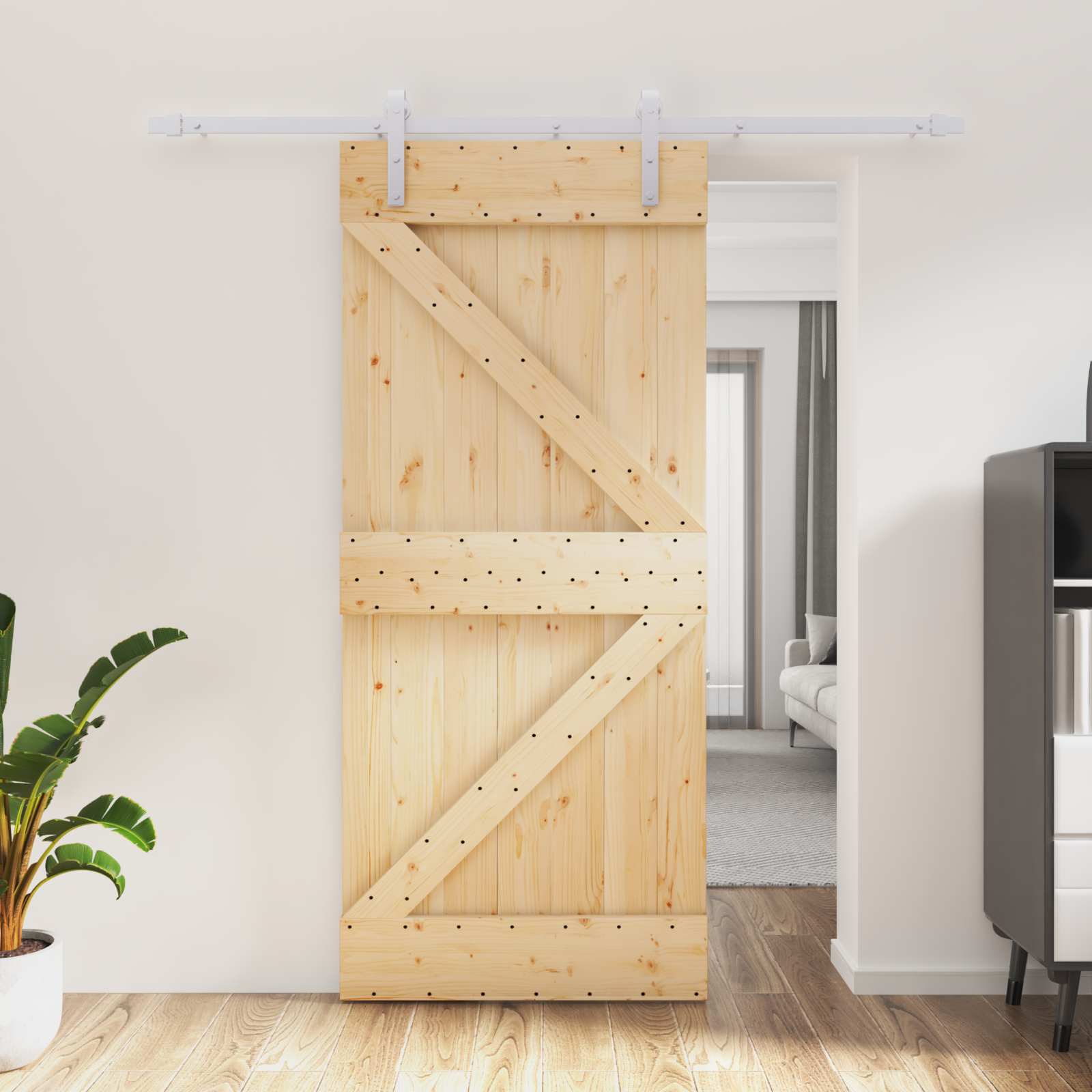 Schiebetür 90 x 210 cm Massives Kiefernholz Natürlich und Weiß