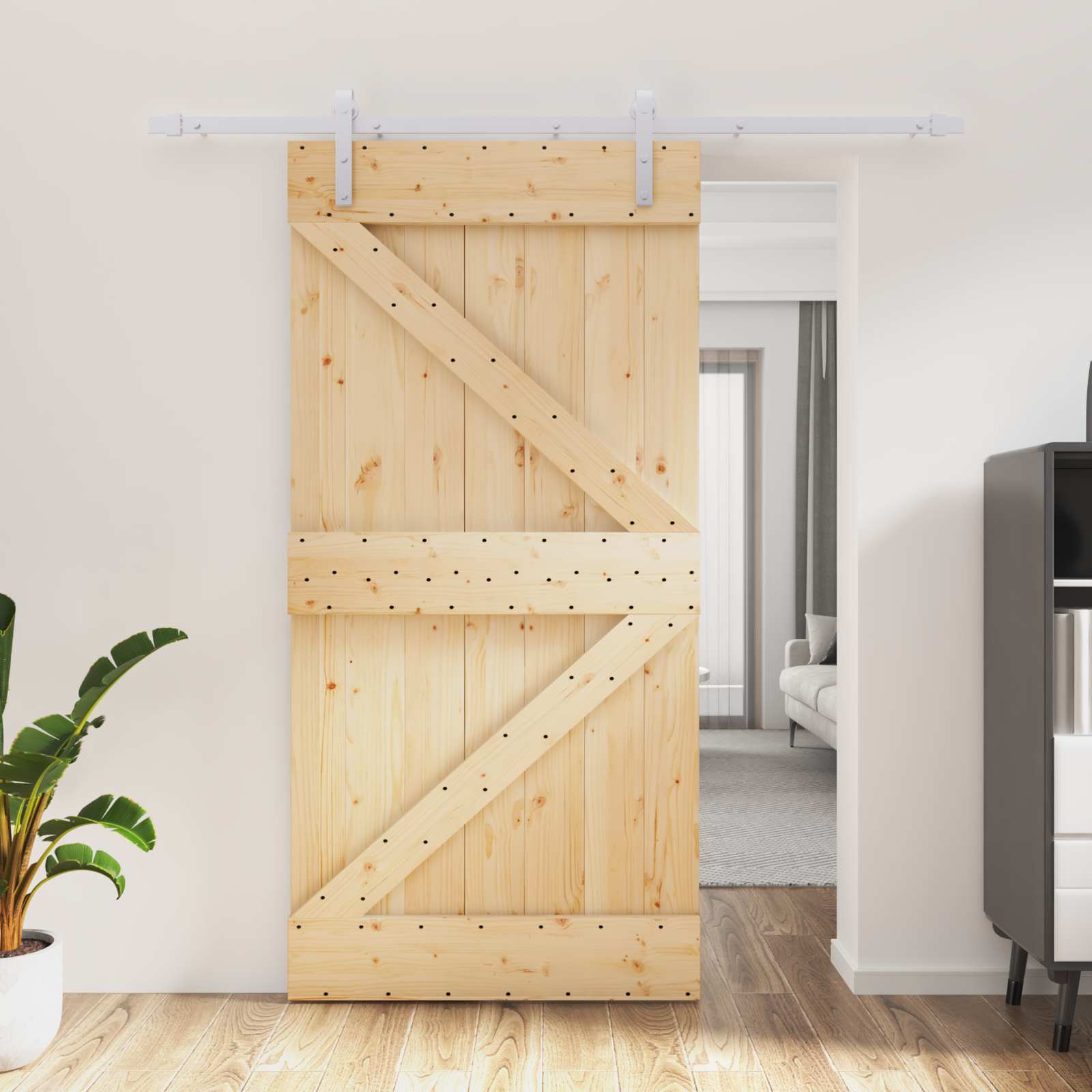 Schiebetür 100 x 210 cm Massives Kiefernholz Natürlich und Weiß