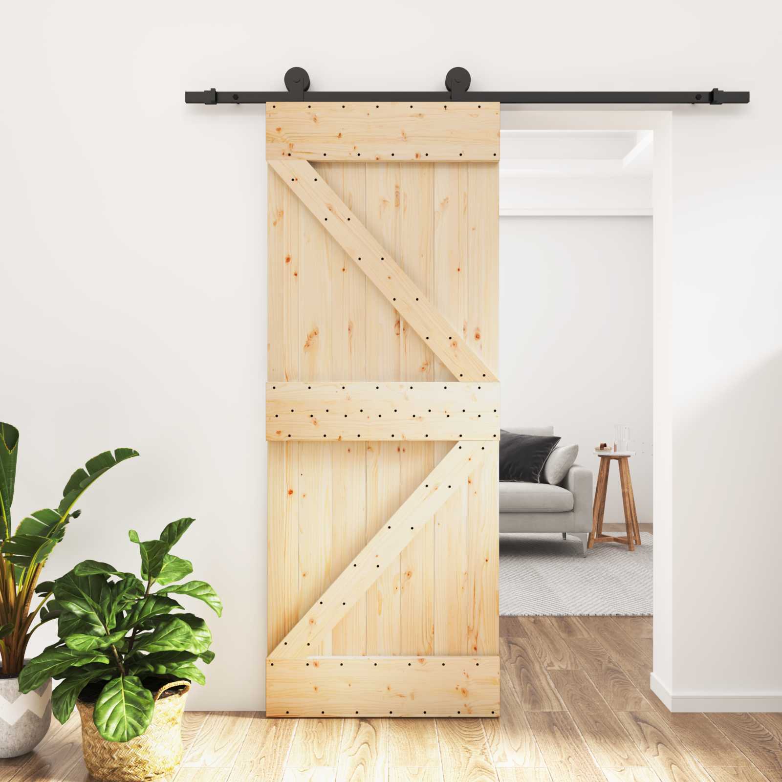 Schiebetür Natürlich und Schwarz 70 x 210 cm Massivkiefer