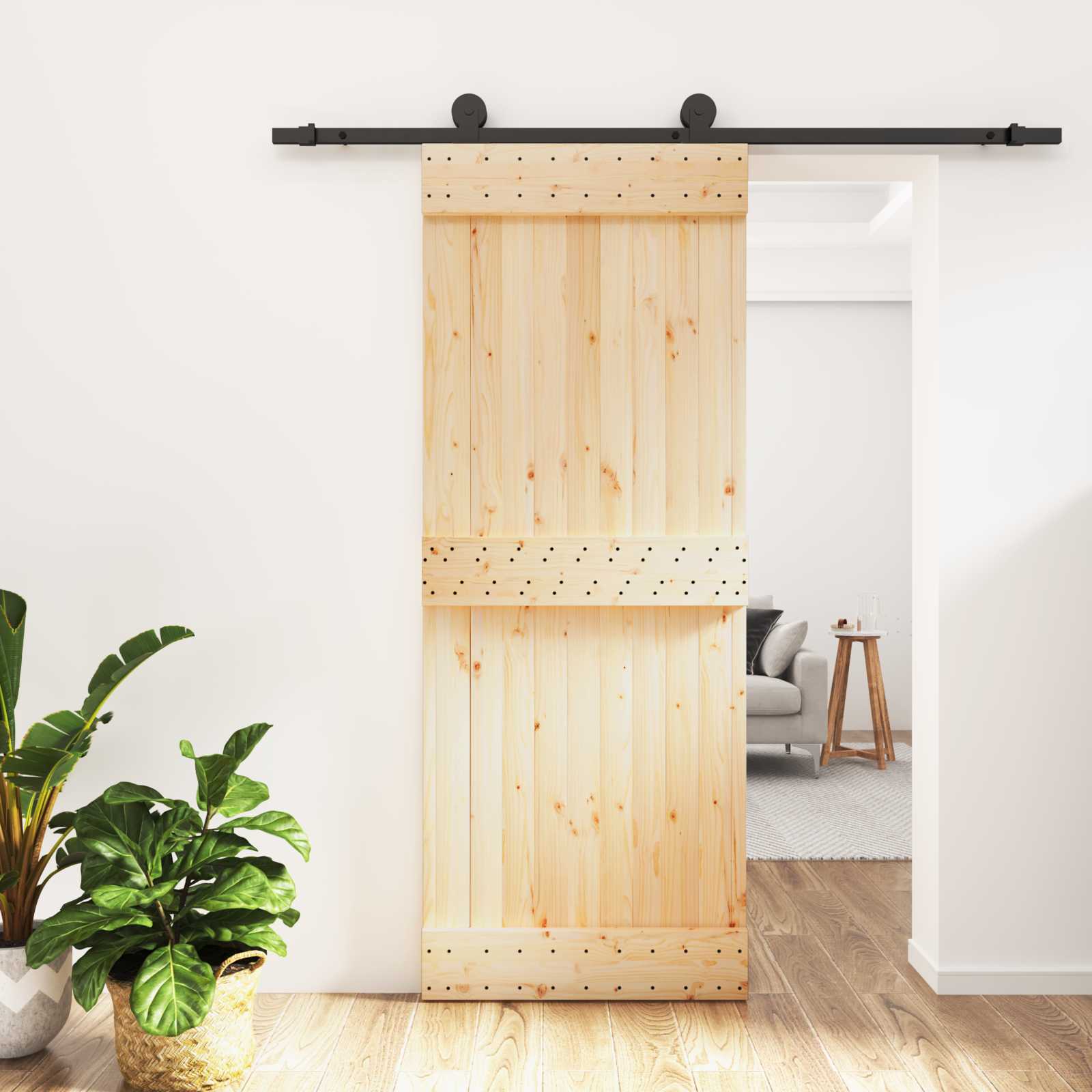 Schiebetür Natürlich und Schwarz 80 x 210 cm Massivkiefer