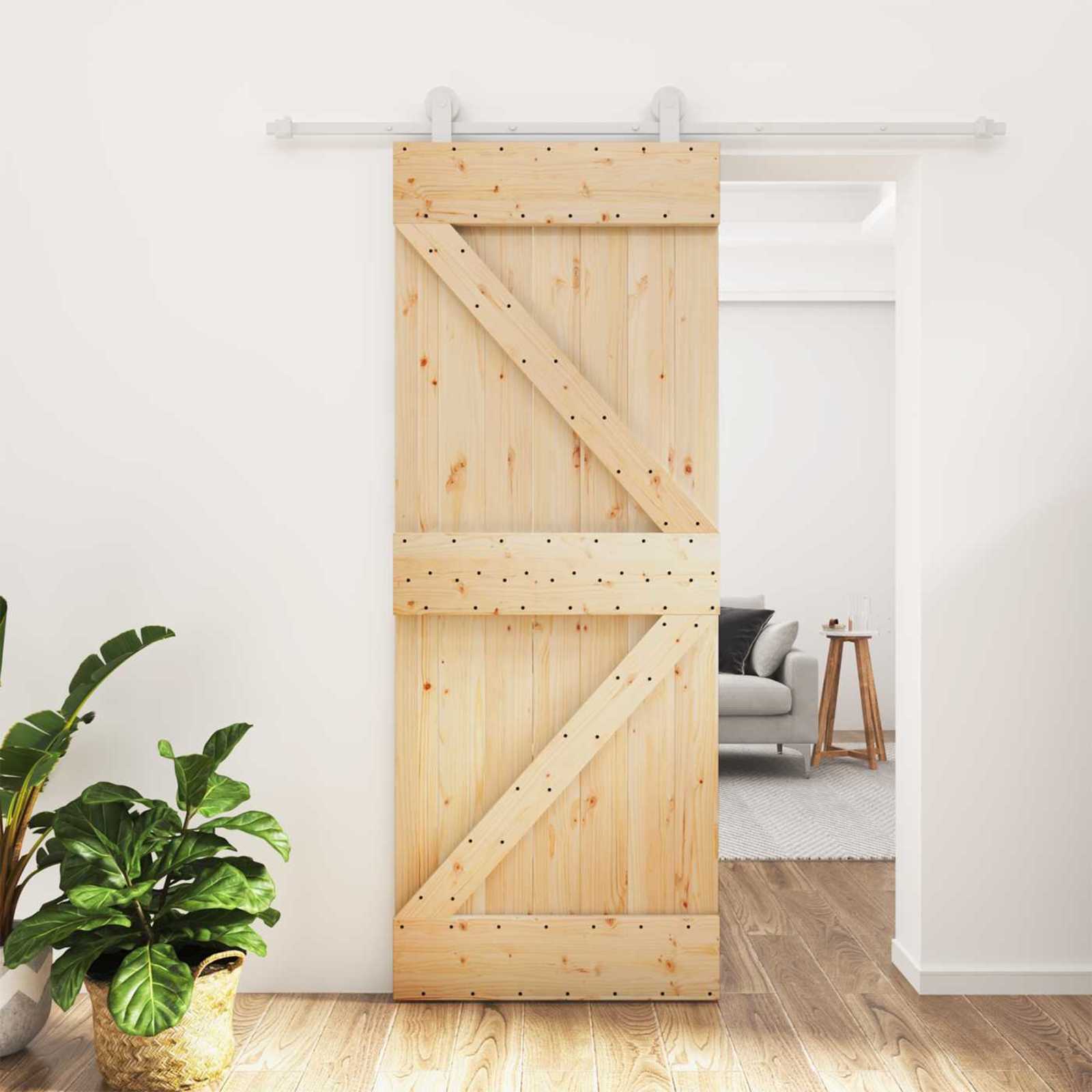 Schiebetür 80 x 210 cm Massives Kiefernholz Natürlich und Weiß