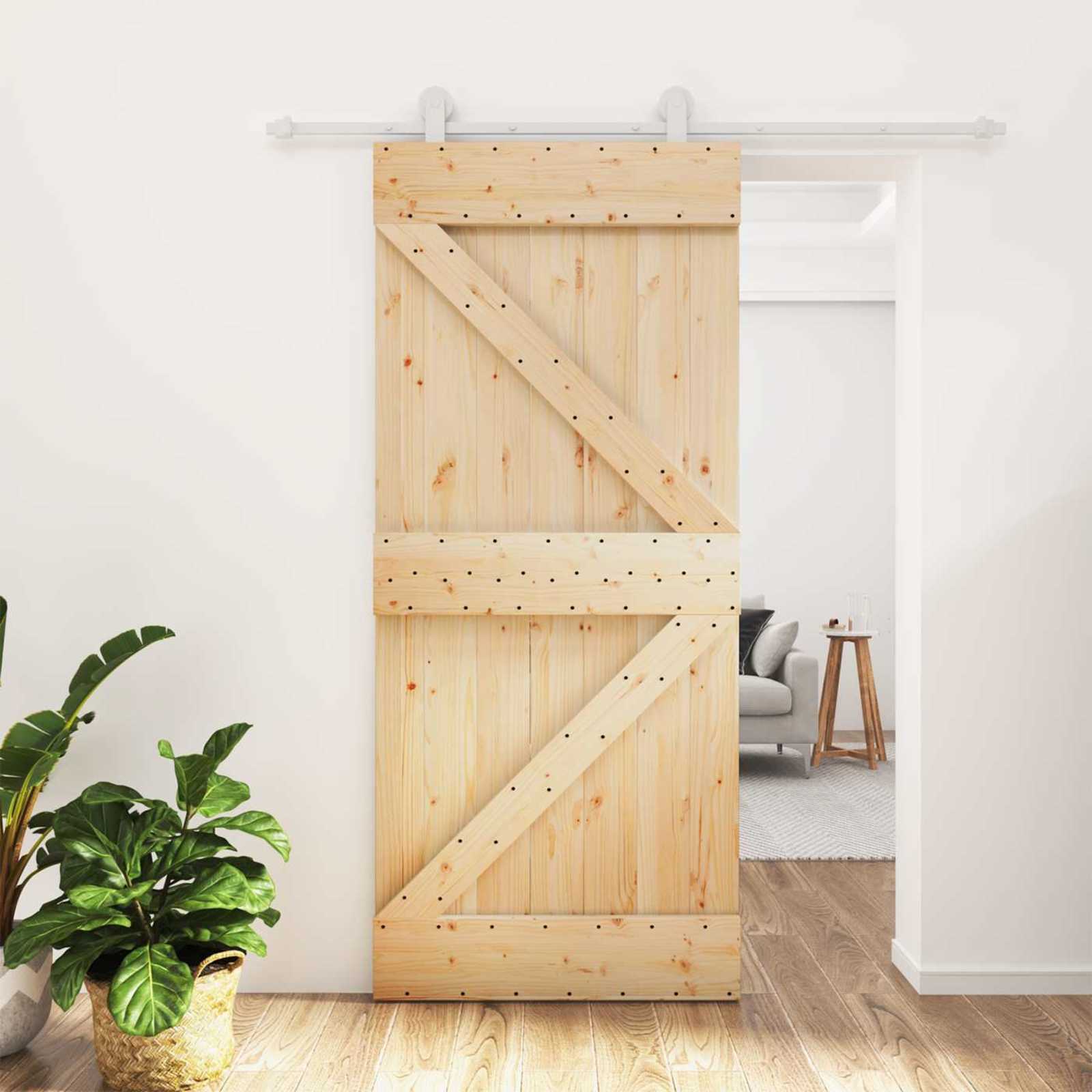 Schiebetür 90 x 210 cm Massives Kiefernholz Natürlich und Weiß