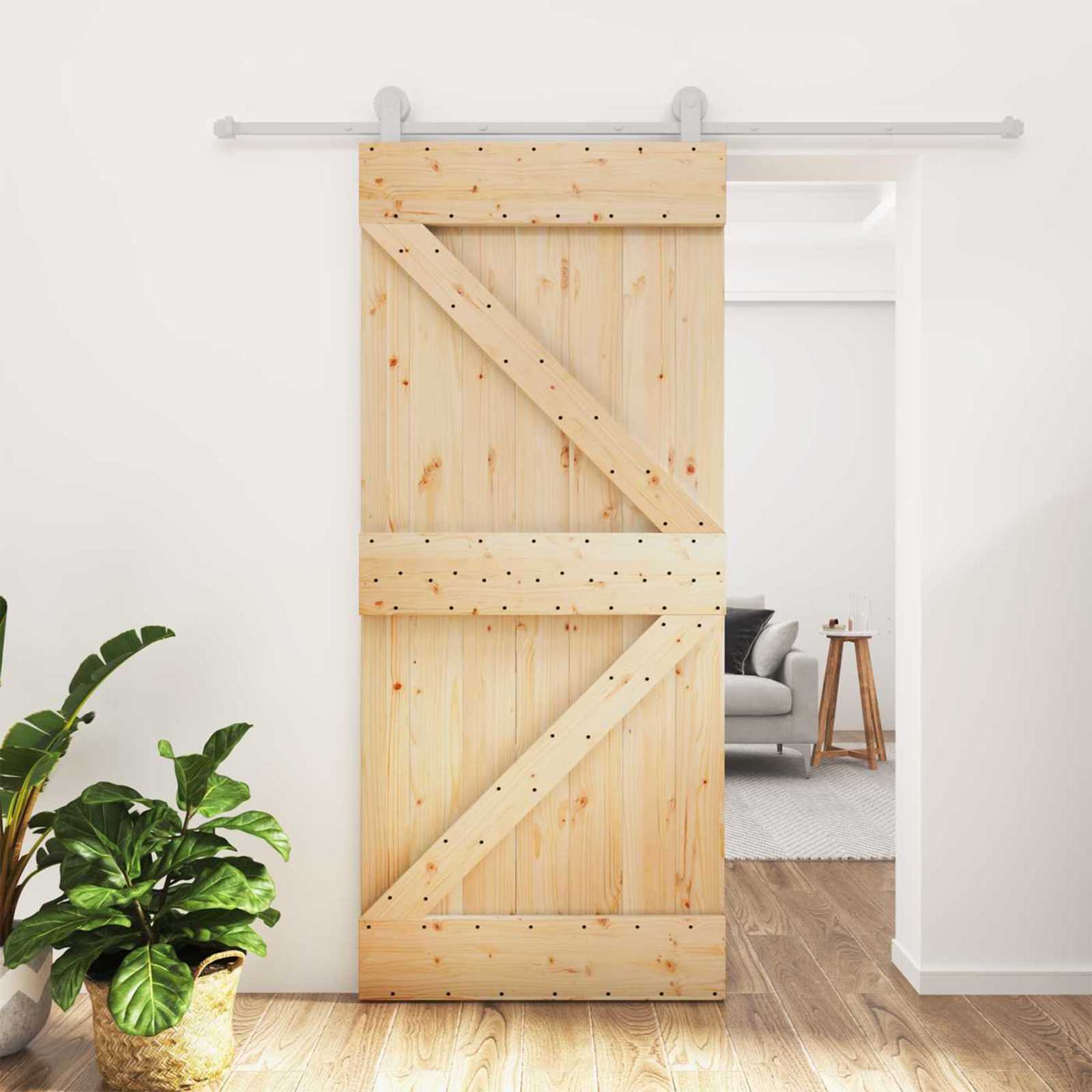 Schiebetür 90 x 210 cm Massives Kiefernholz Natürlich und Weiß