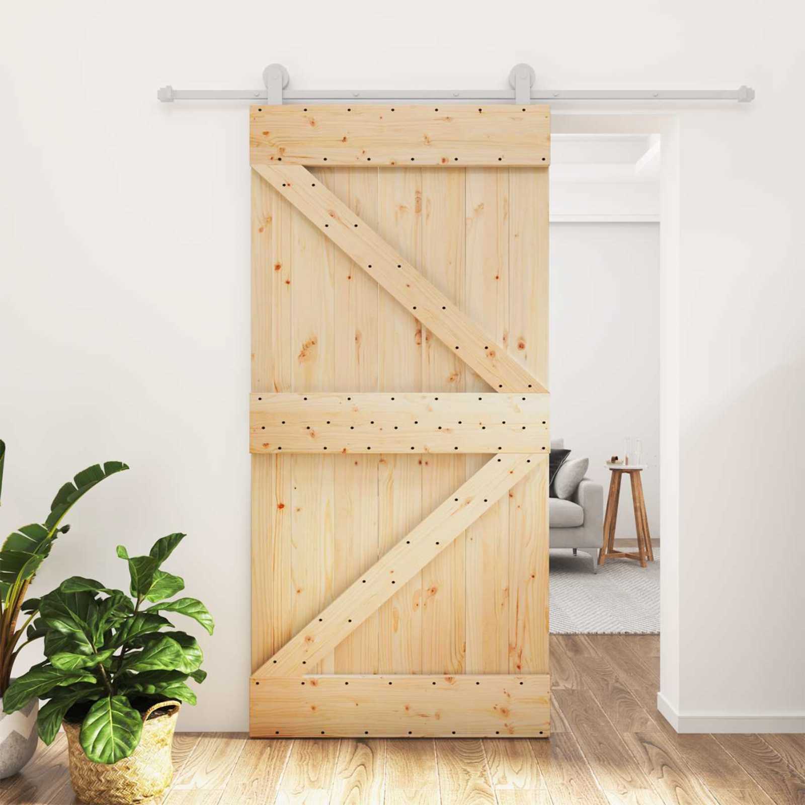 Schiebetür 100 x 210 cm Massives Kiefernholz Natürlich und Weiß