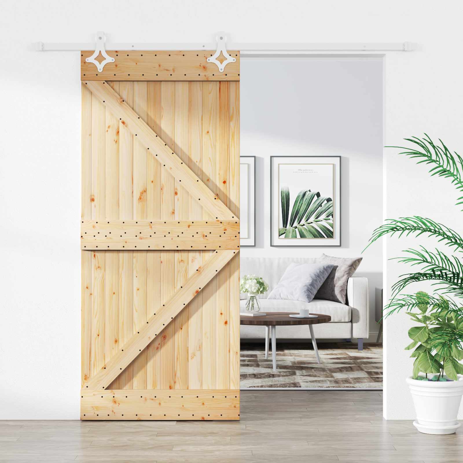 Schiebetür 100 x 210 cm Massives Kiefernholz Natürlich und Weiß