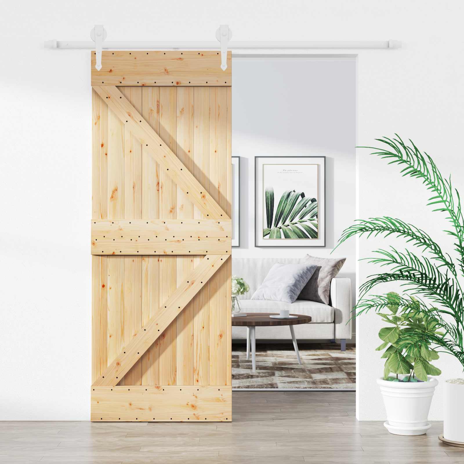 Schiebetür 80 x 210 cm Massives Kiefernholz Natürlich und Weiß