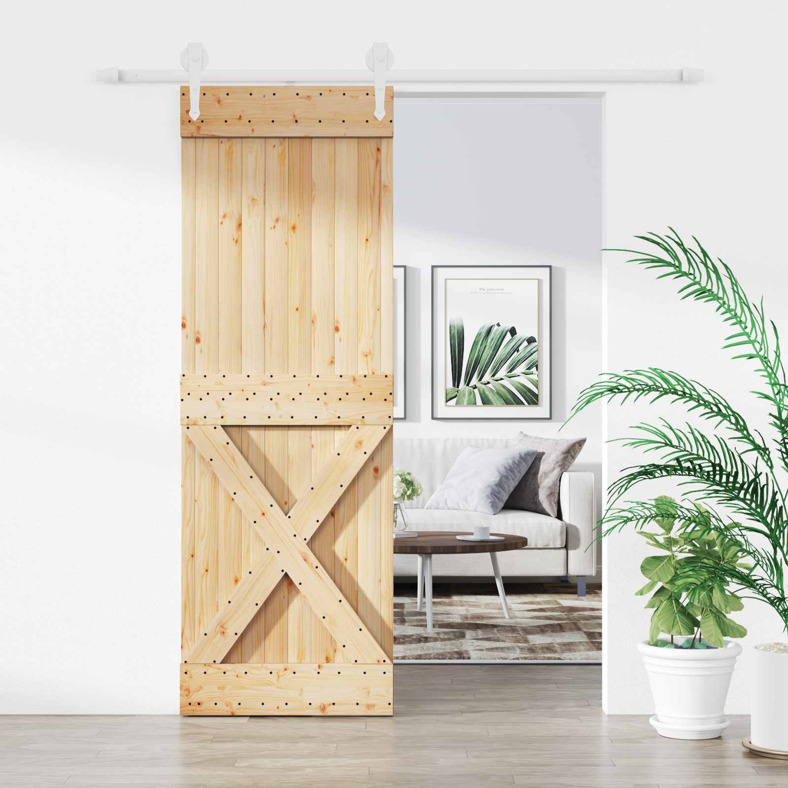 Schiebetür 80 x 210 cm Massives Kiefernholz Natürlich und Weiß