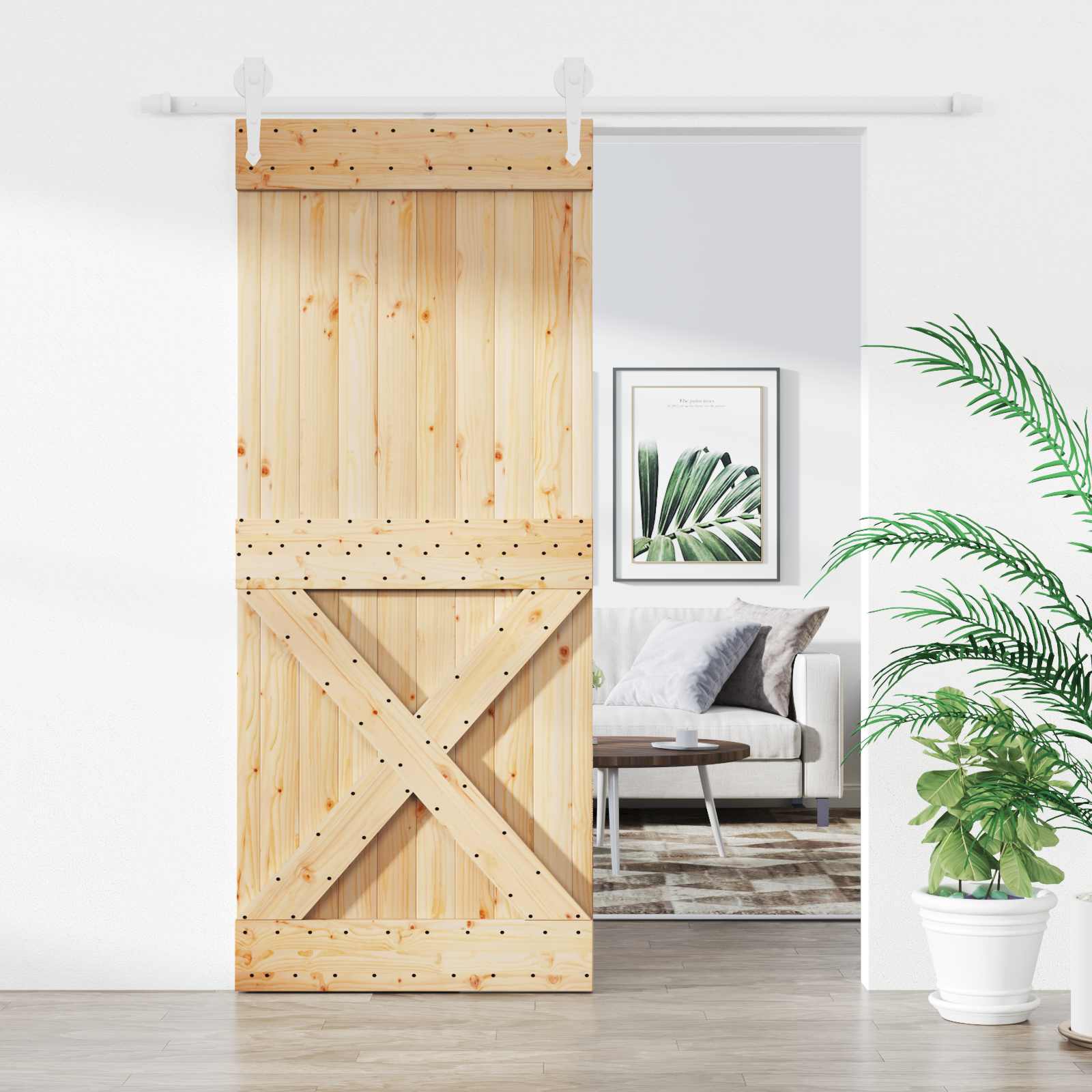 Schiebetür 100 x 210 cm Massives Kiefernholz Natürlich und Weiß