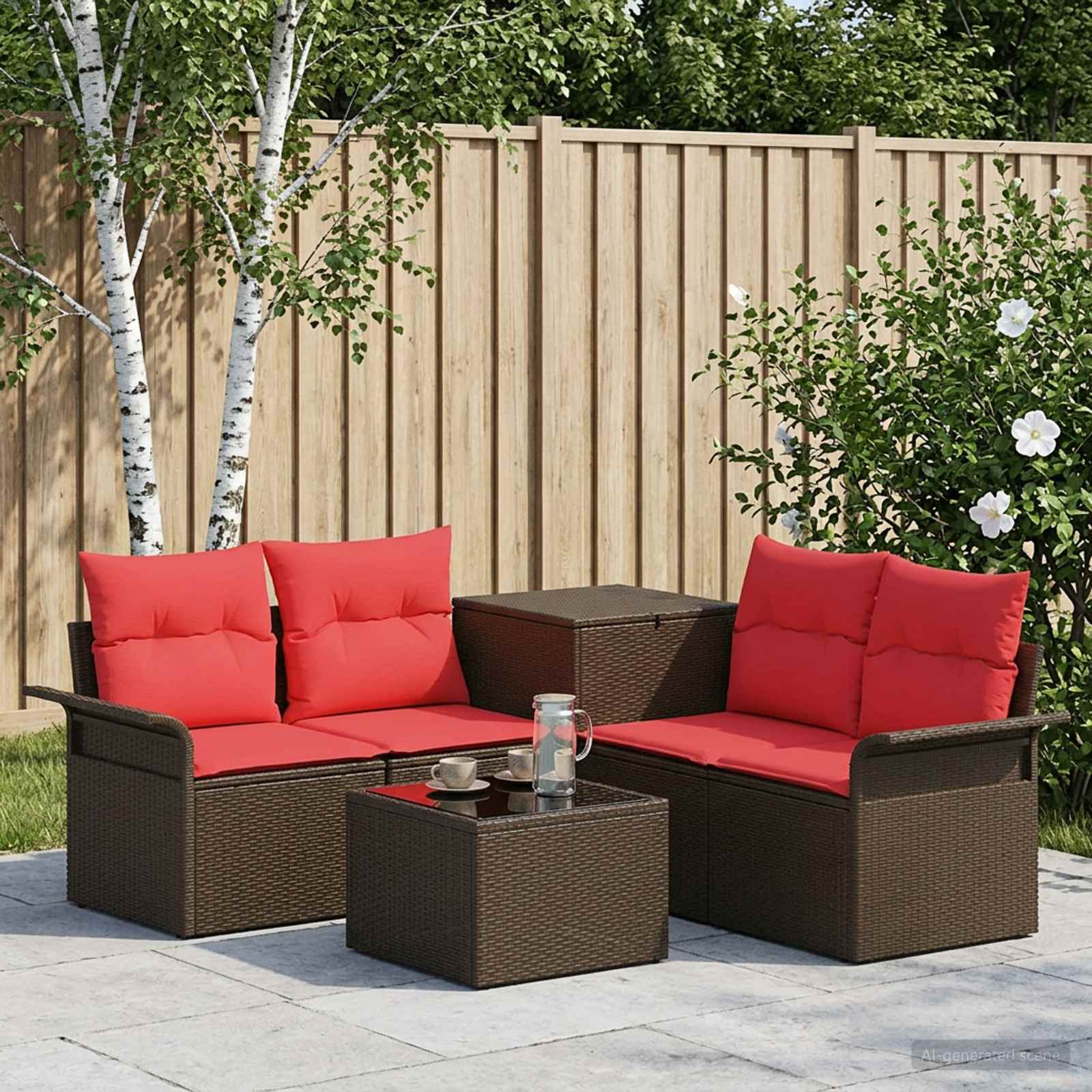 Sofa Set 6 stk. 4-Sitzanzahl Braun und Rot Polyrattan und Stahl