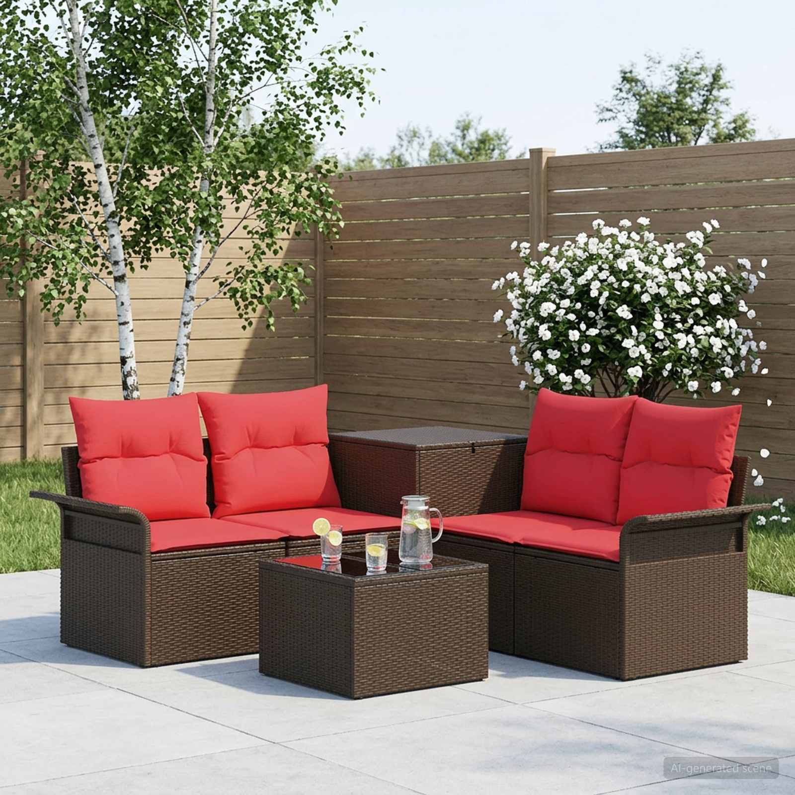 Sofa Set 6 stk. 4-Sitzanzahl Braun und Rot Polyrattan und Stahl