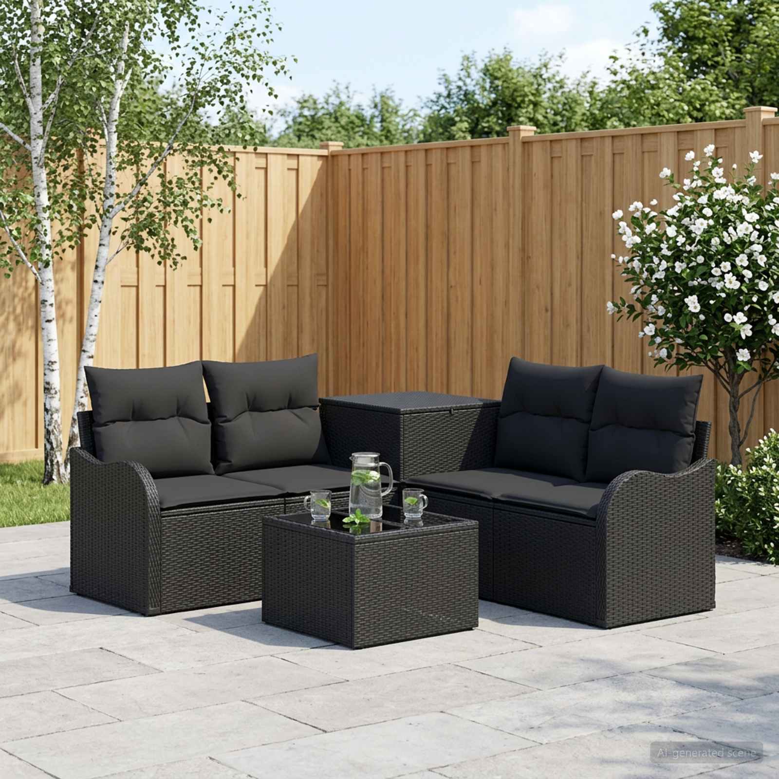 Sofa Set 6 stk. Schwarz Polyrattan und Stahl