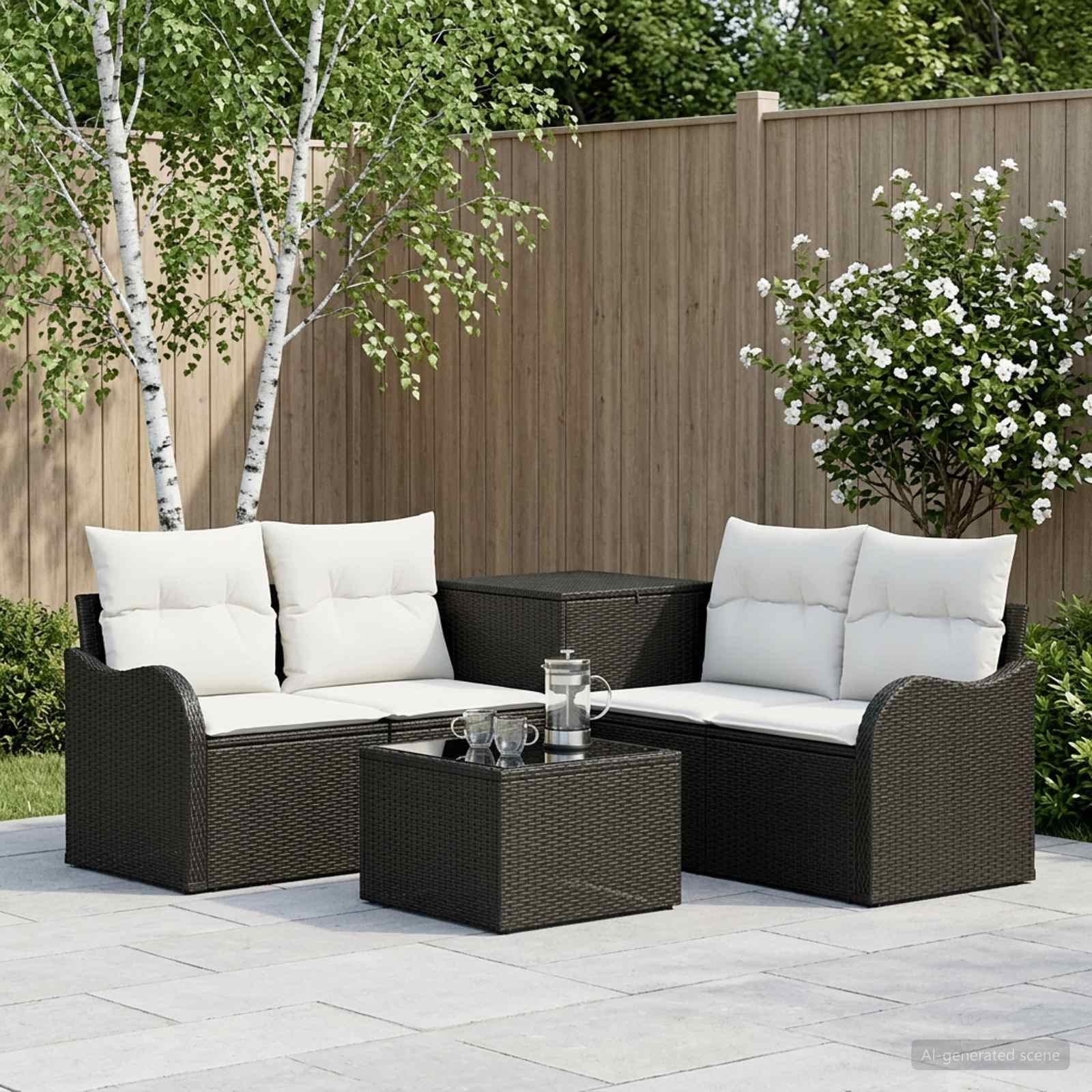 Sofa Set 6 stk. Schwarz und Cremeweiß Polyrattan und Stahl