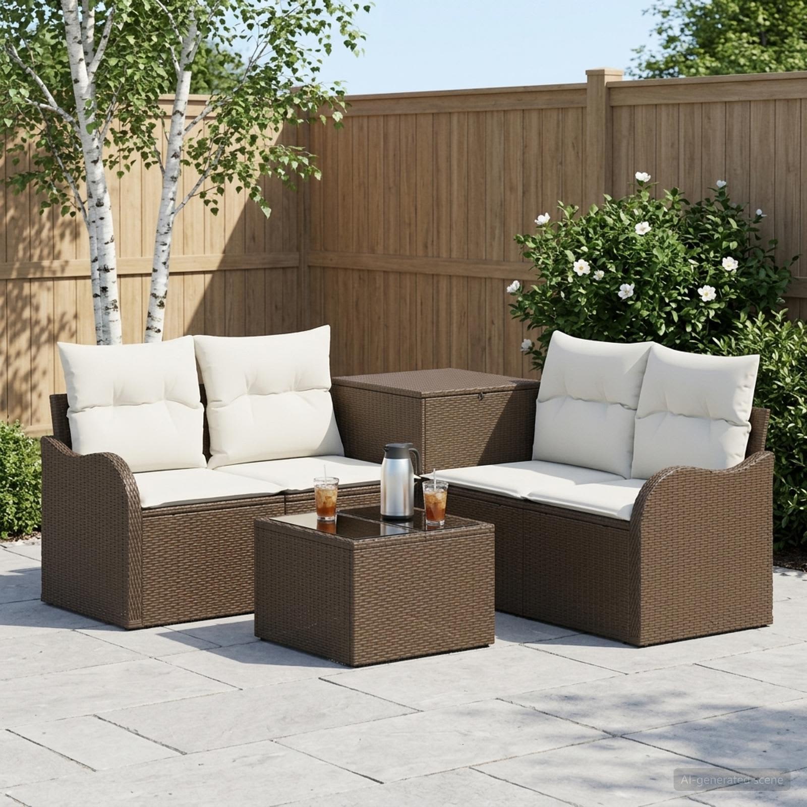 Sofa Set 6 stk. Braun und Creme Weiß Polyrattan und Stahl