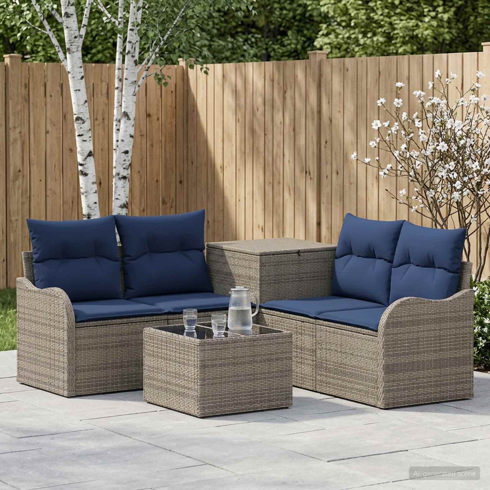 Sofa Set 6 stk. Grau und Marineblau Polyrattan und Stahl