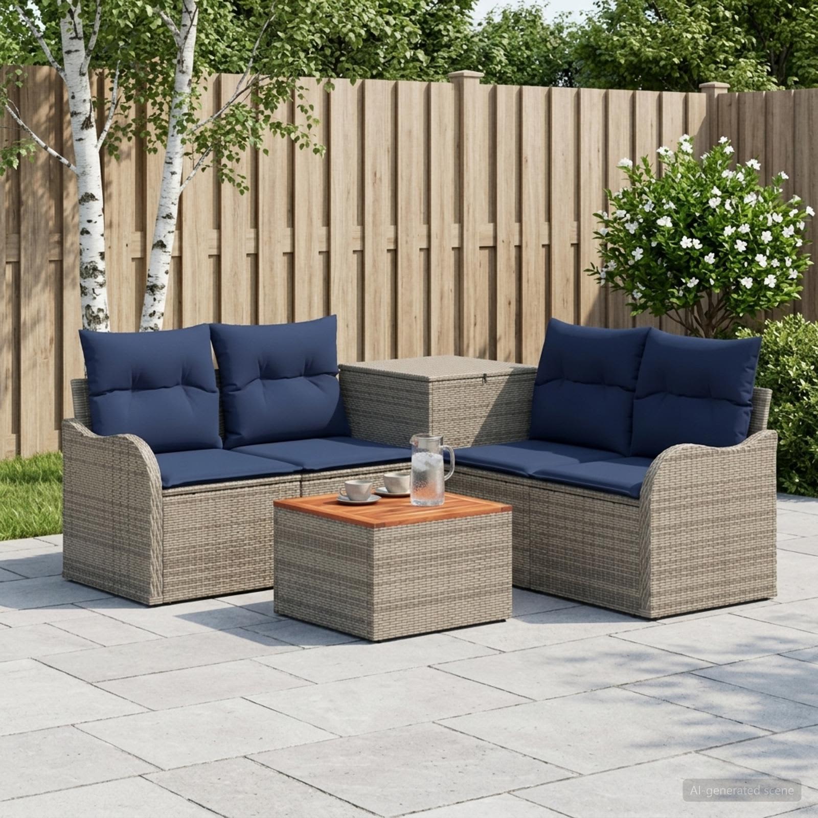 Sofa Set 6 stk. Grau und Marineblau Polyrattan und Stahl