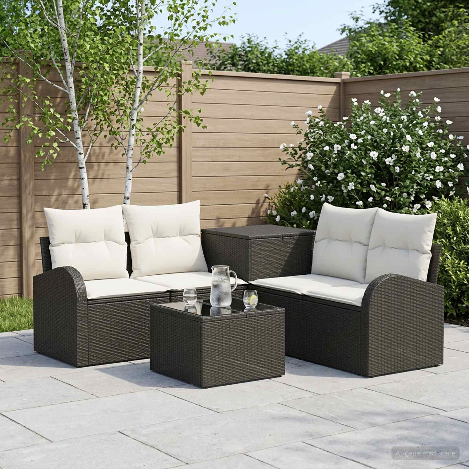 Sofa Set 6 stk. Schwarz und Cremeweiß Polyrattan und Stahl