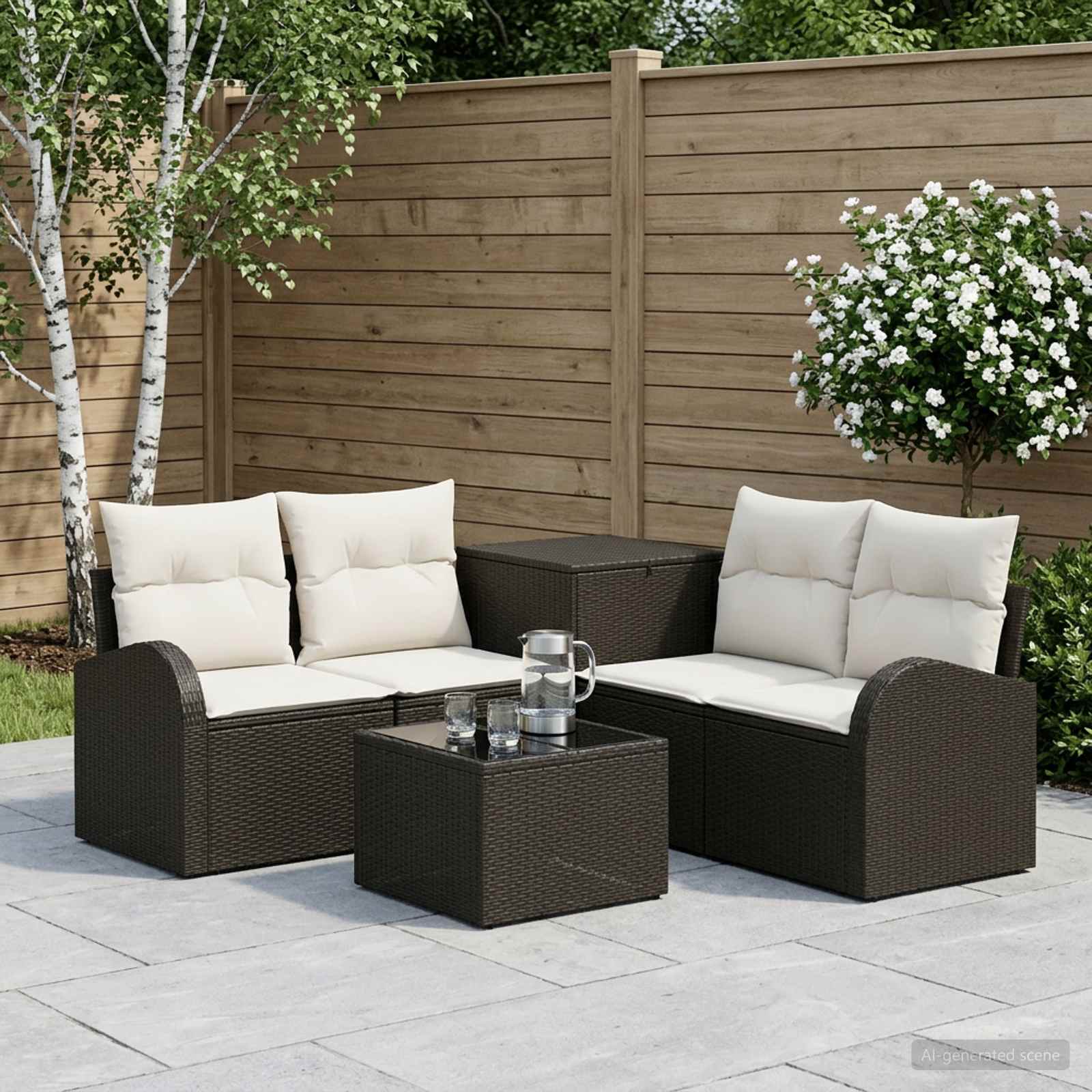 Sofa Set 6 stk. Schwarz und Cremeweiß Polyrattan und Stahl