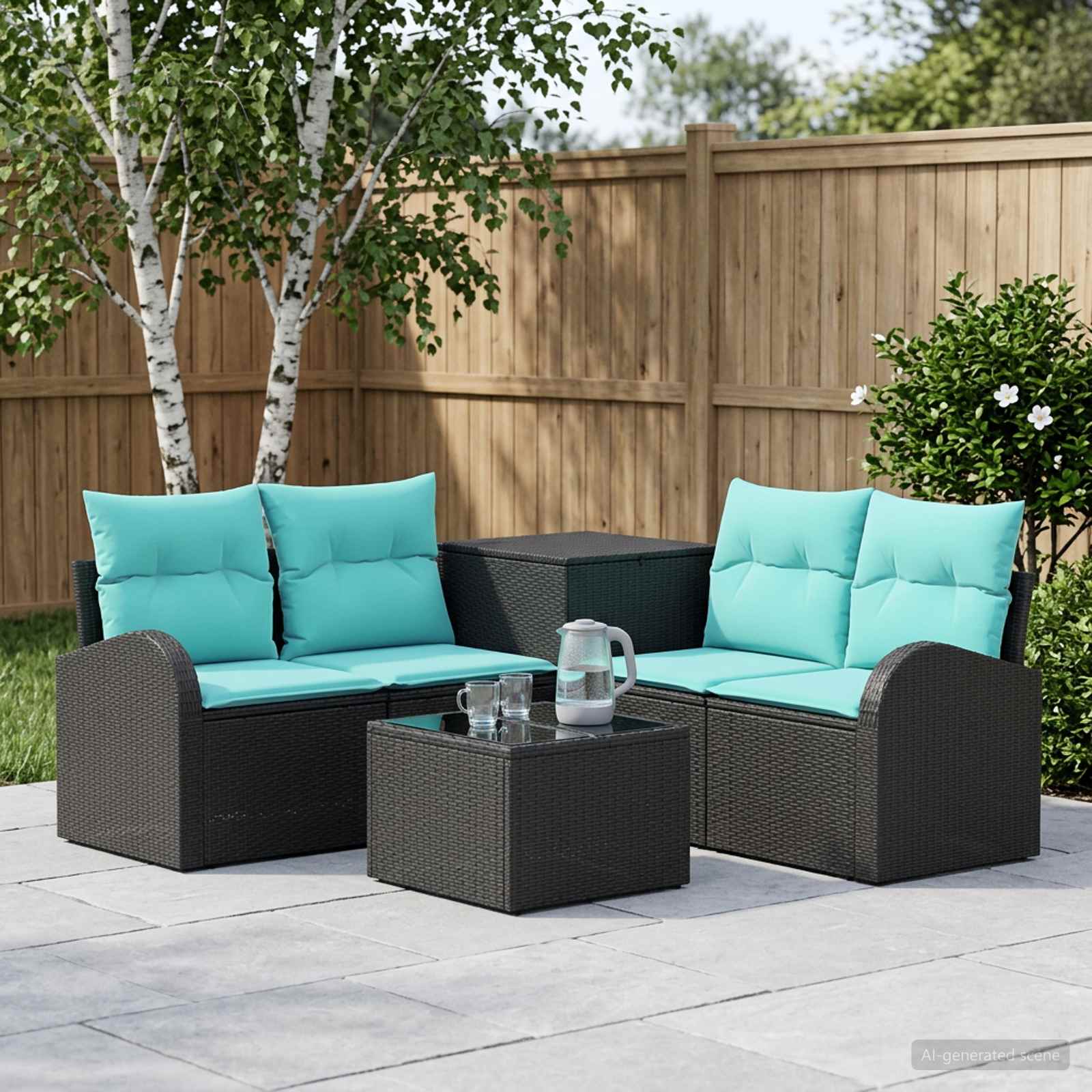 Sofa Set 6 stk. Schwarz und Blau Polyrattan und Stahl