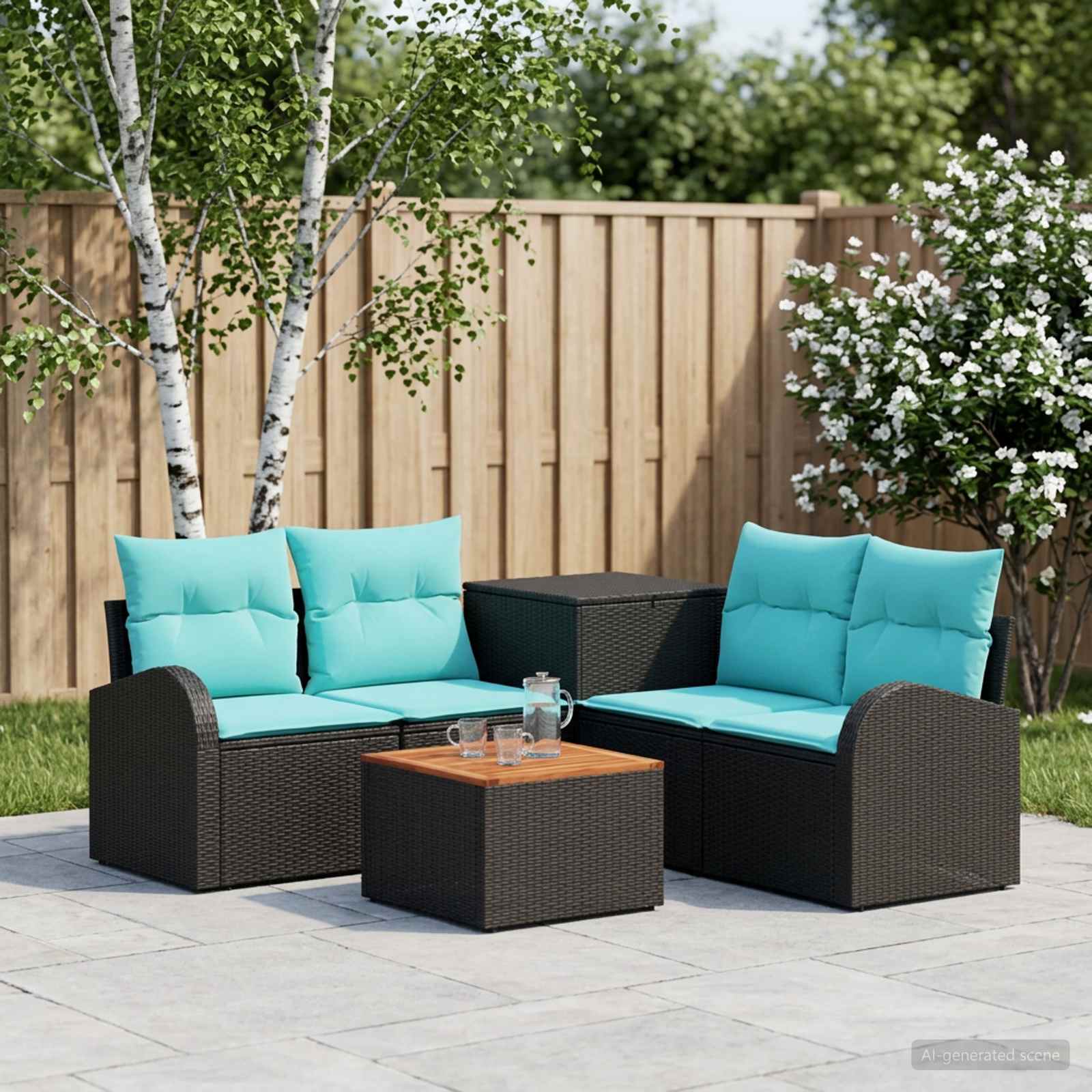 Sofa Set 6 stk. Schwarz und Blau Polyrattan und Stahl