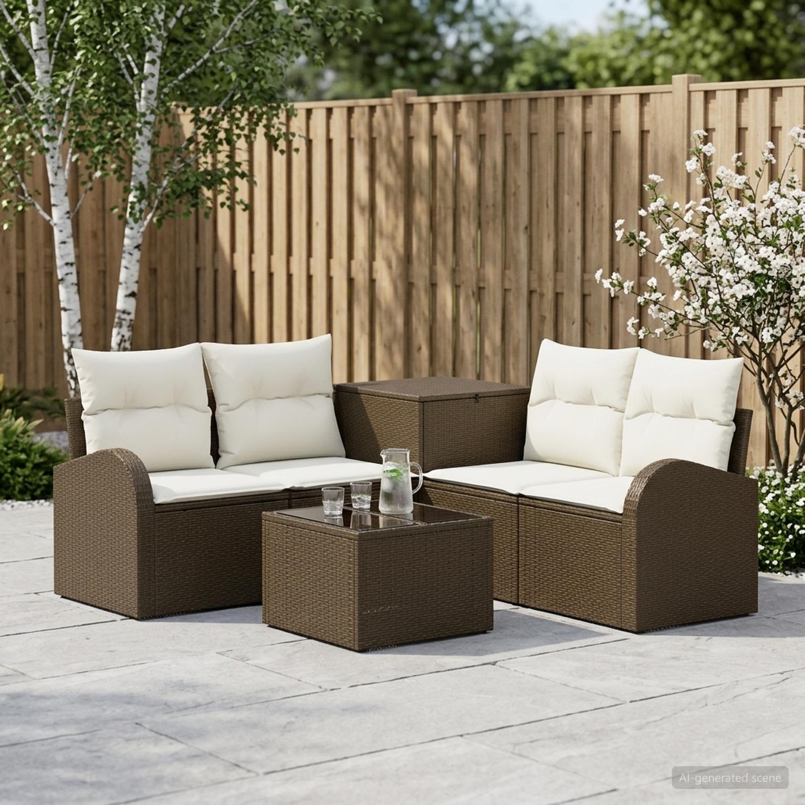 Sofa Set 6 stk. Braun und Creme Weiß Polyrattan und Stahl