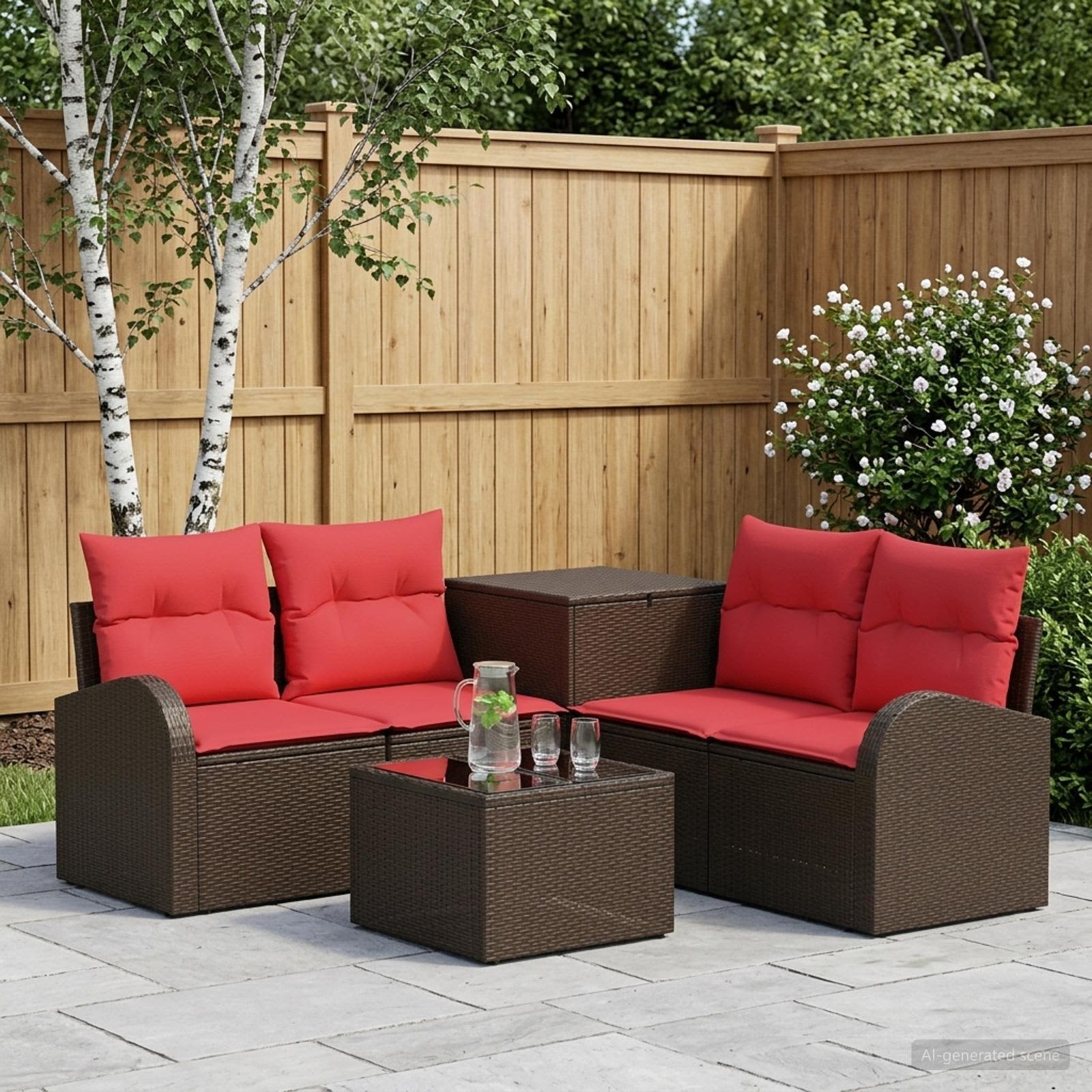 Sofa Set 6 stk. Braun und Rot Polyrattan und Stahl