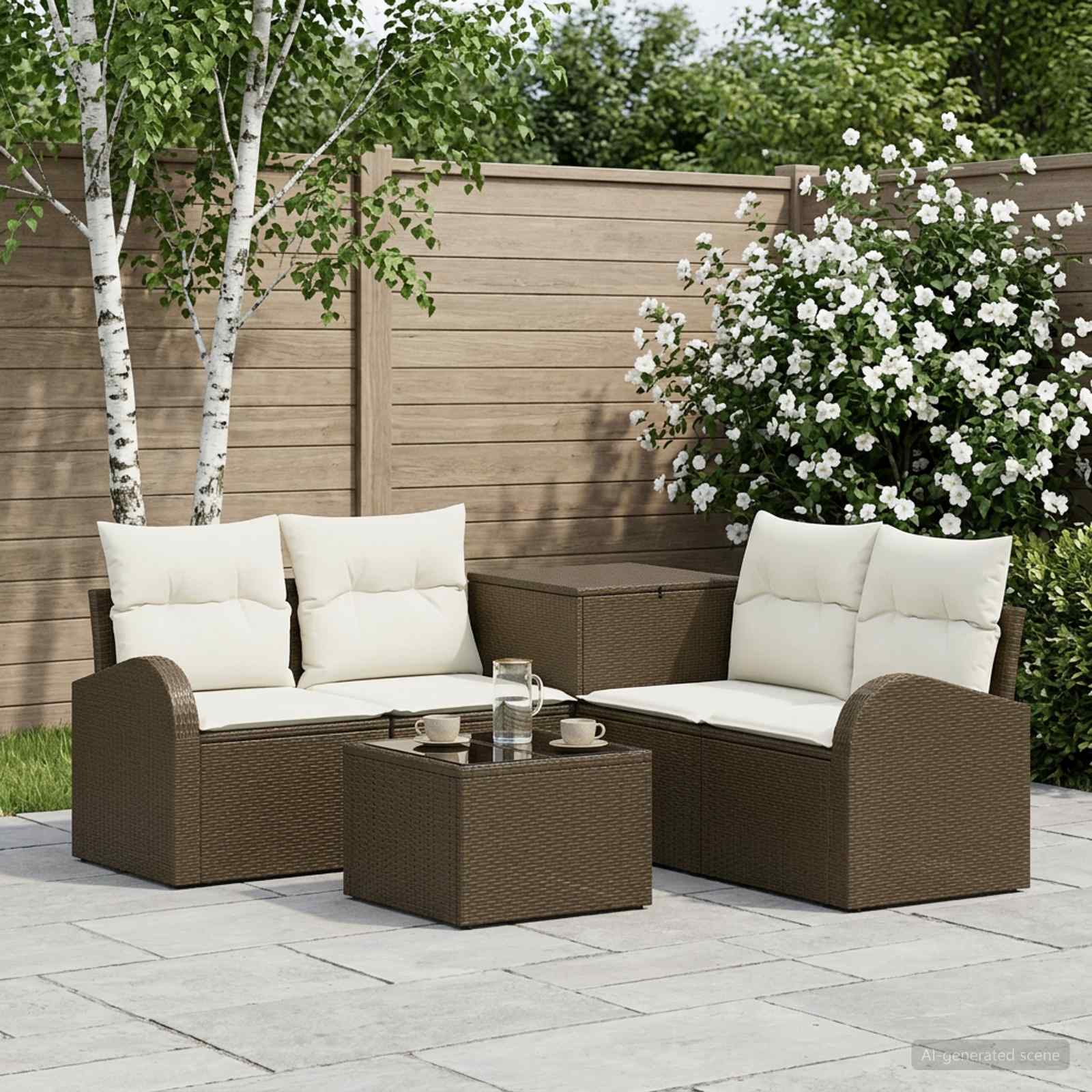Sofa Set 6 stk. Braun und Creme Weiß Polyrattan und Stahl