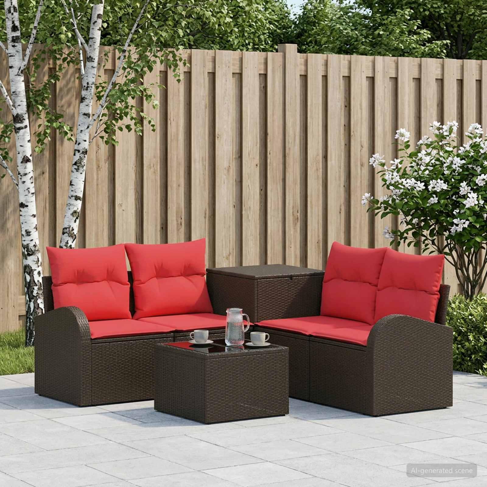 Sofa Set 6 stk. Braun und Rot Polyrattan und Stahl