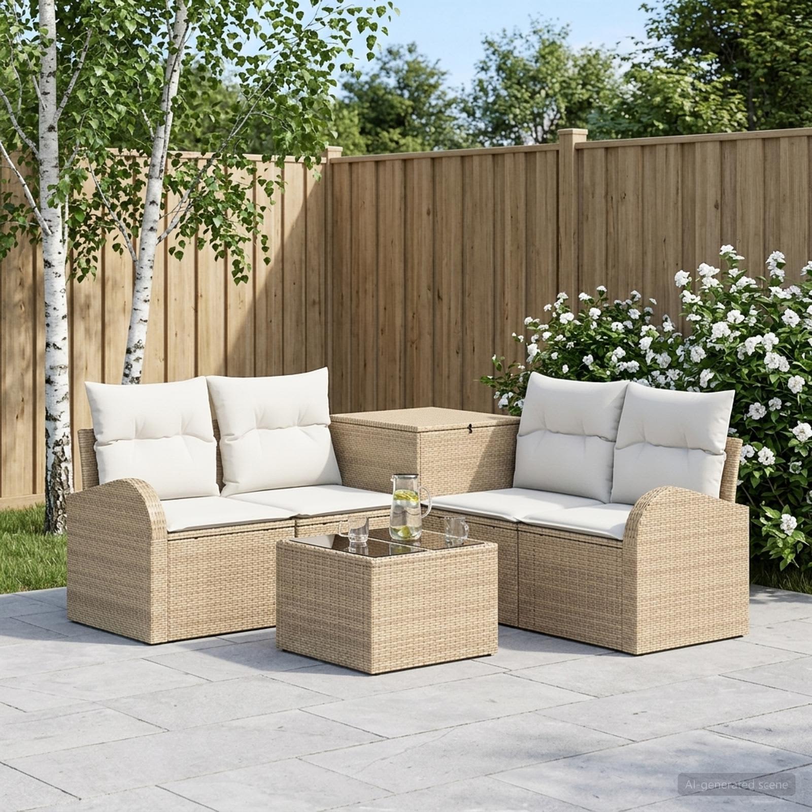 Sofa Set 6 stk. Beige und Cremeweiß Polyrattan und Stahl