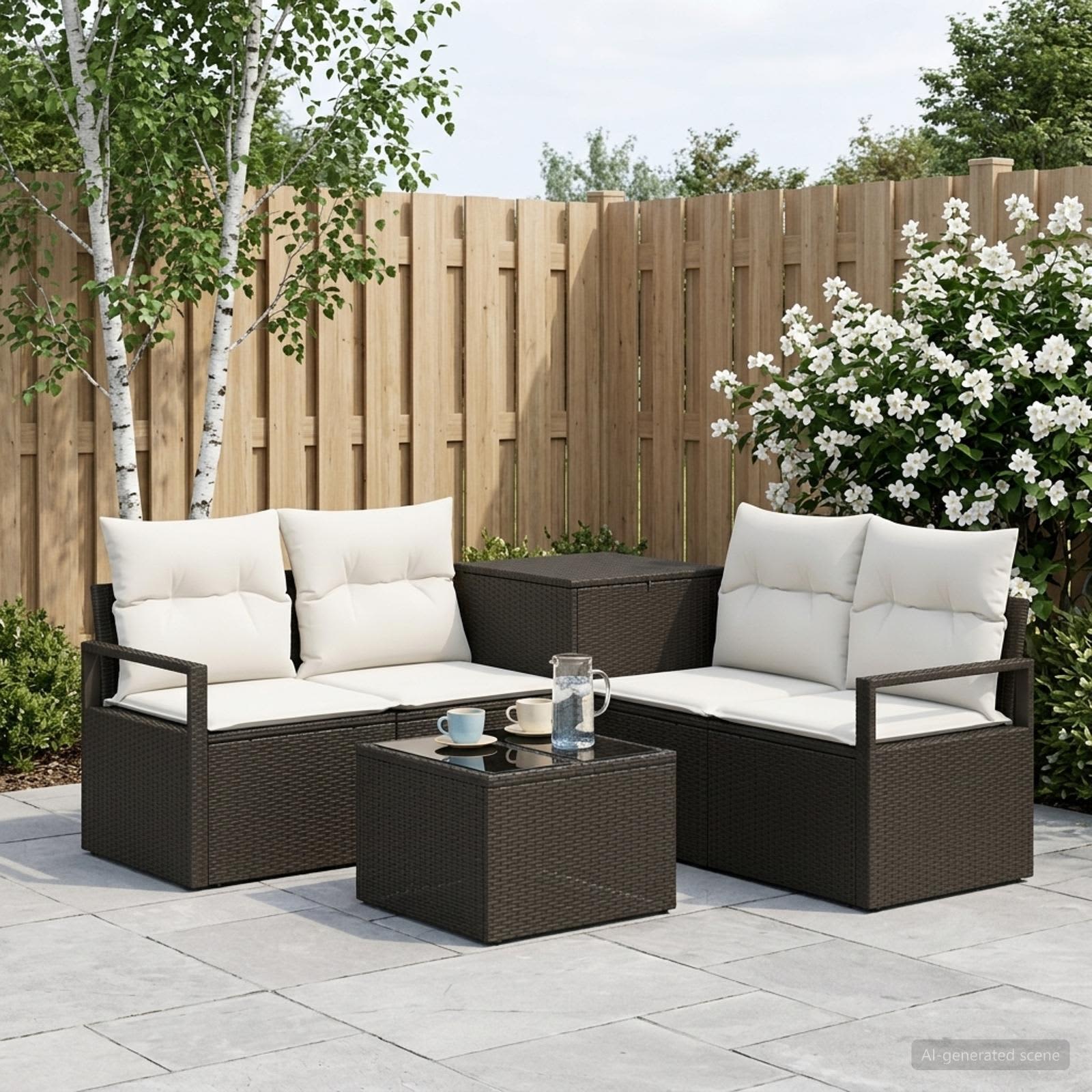 Sofa Set 6 stk. Schwarz und Cremeweiß Polyrattan und Stahl