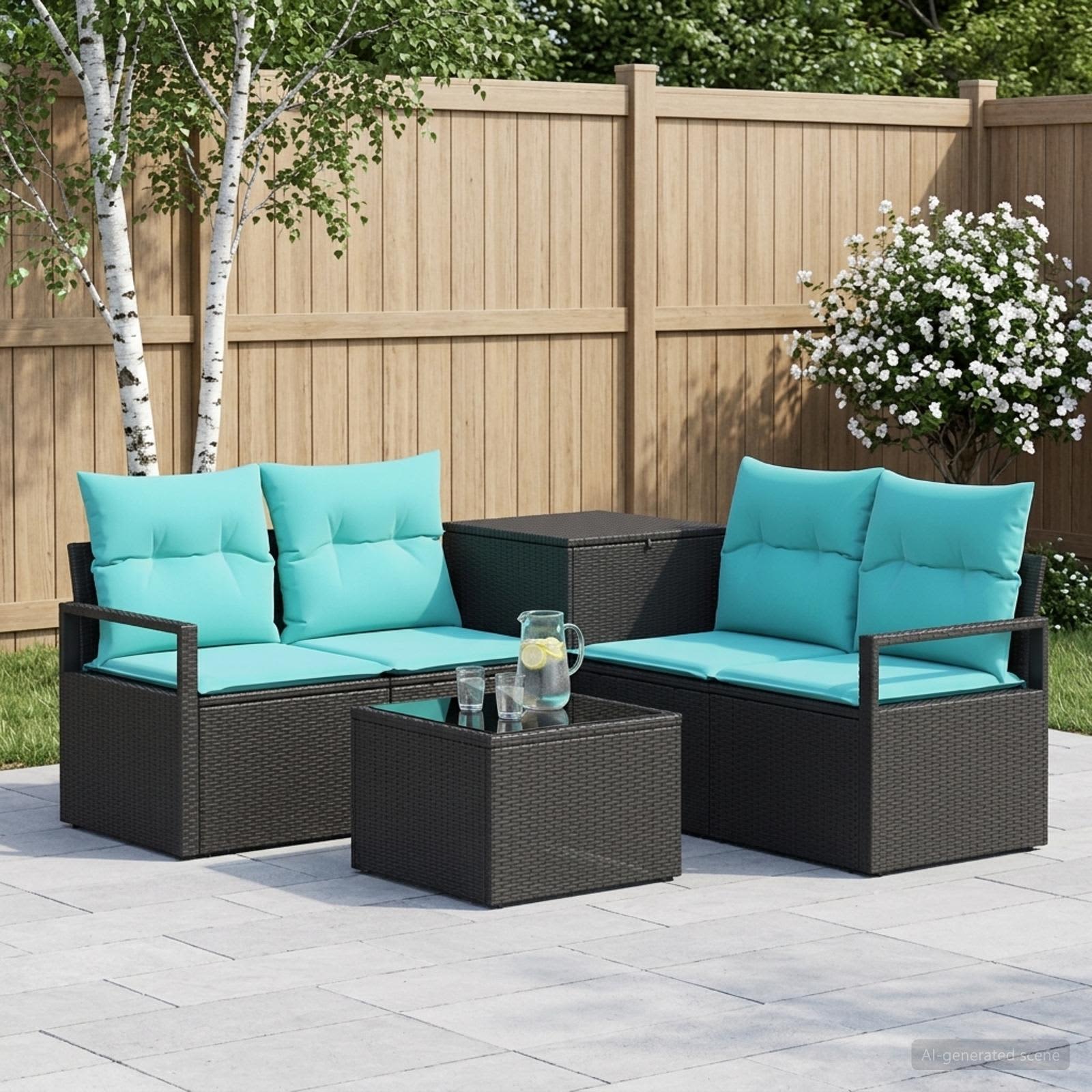 Sofa Set 6 stk. Schwarz und Blau Polyrattan und Stahl
