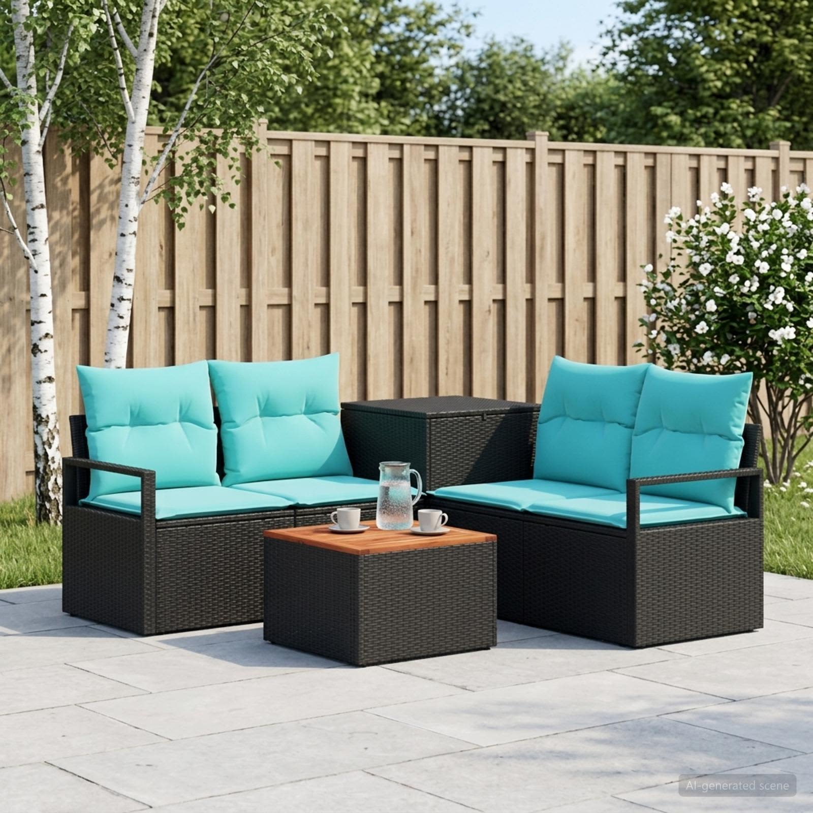 Sofa Set 6 stk. Schwarz und Blau Polyrattan und Stahl