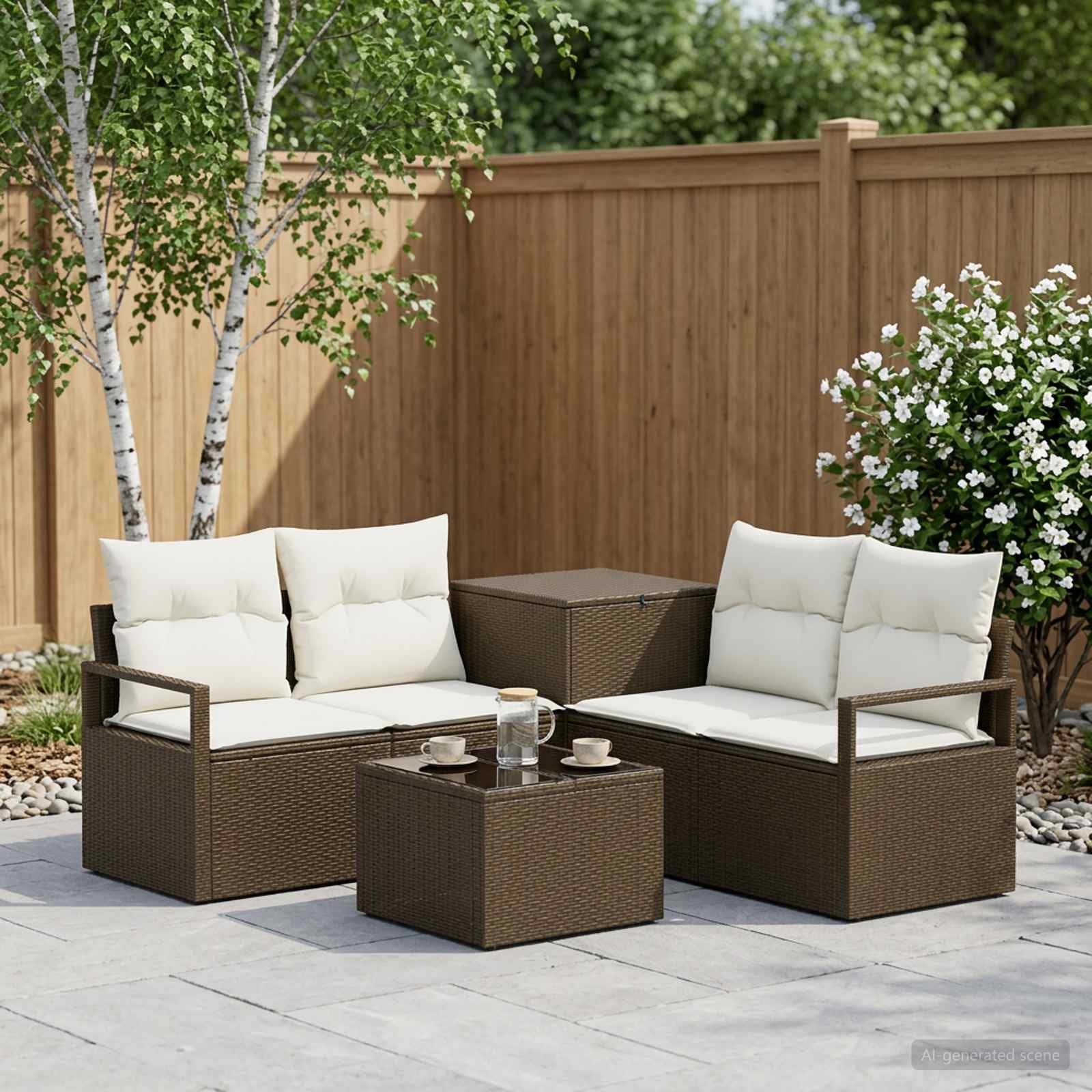 Sofa Set 6 stk. Braun und Creme Weiß Polyrattan und Stahl