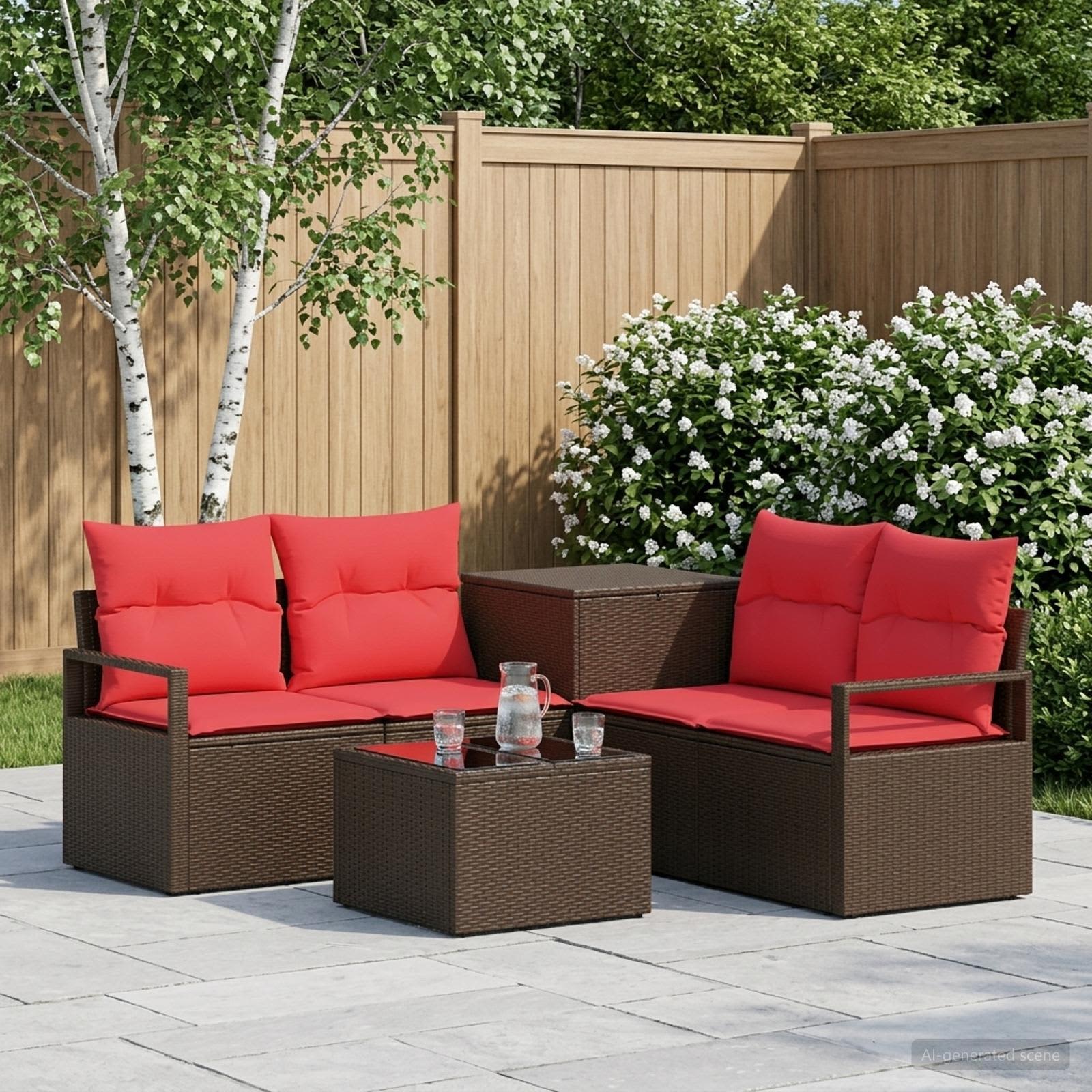 Sofa Set 6 stk. Braun und Rot Polyrattan und Stahl