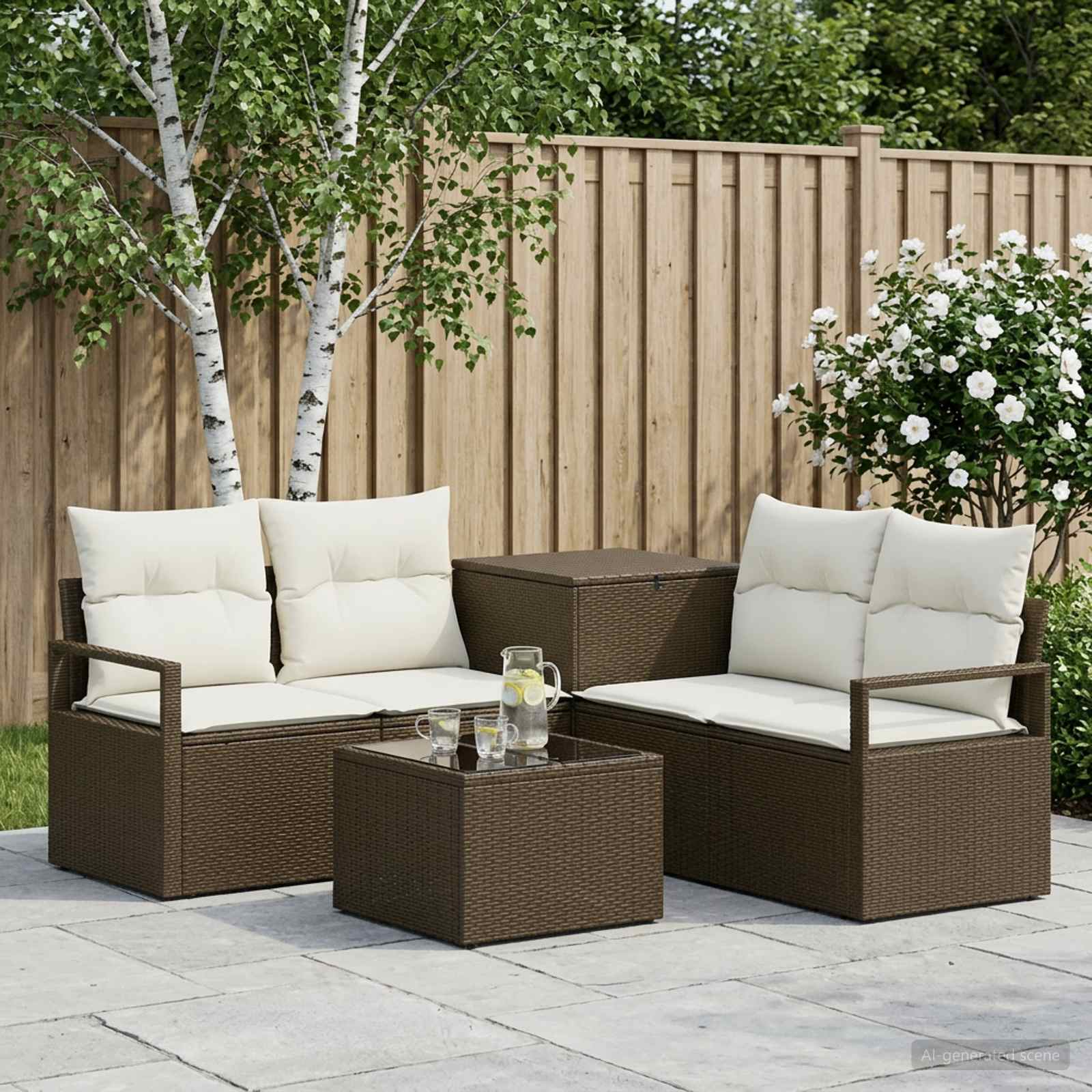 Sofa Set 6 stk. Braun und Creme Weiß Polyrattan und Stahl