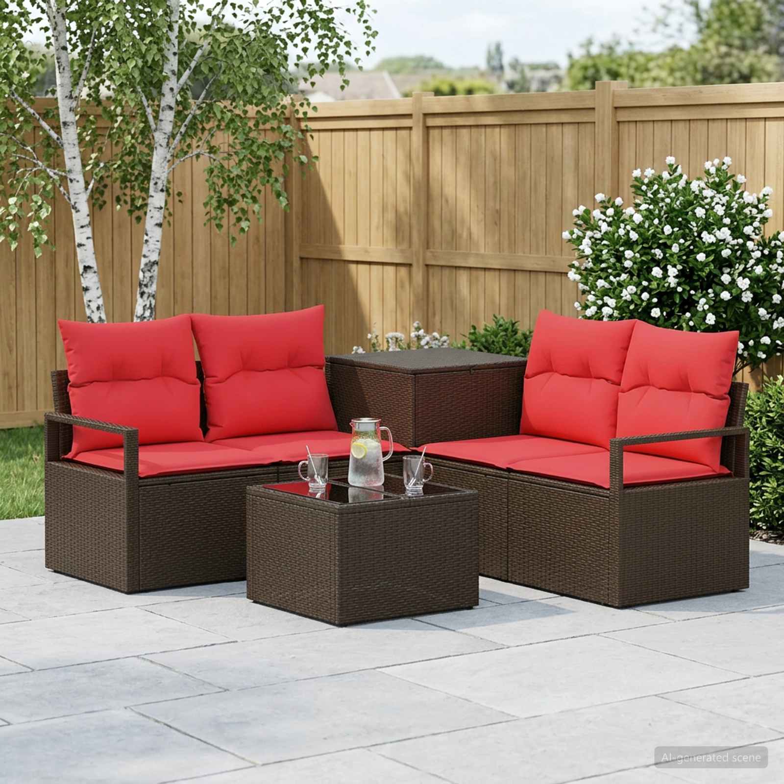 Sofa Set 6 stk. Braun und Rot Polyrattan und Stahl